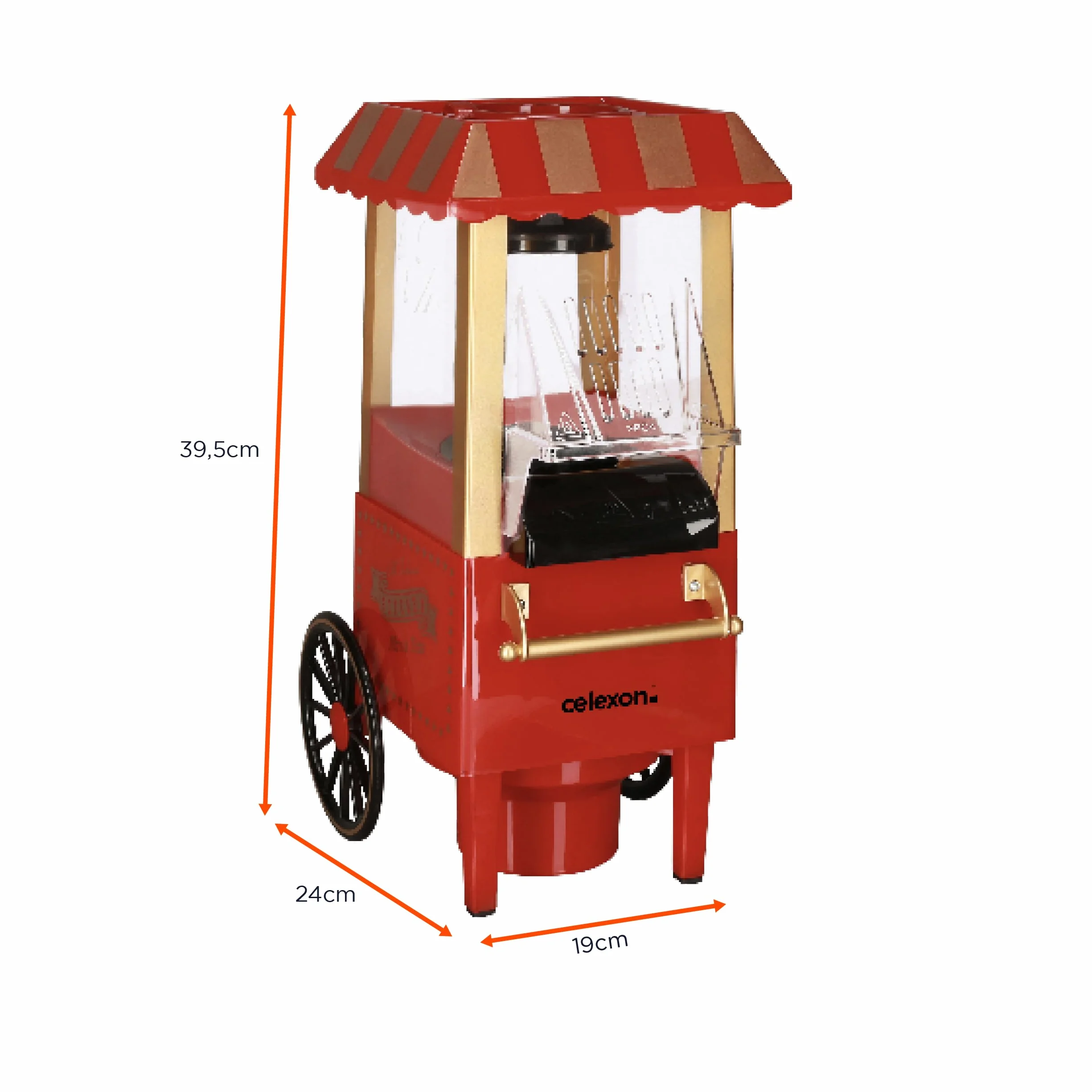 celexon CinePop CP500 maszyna do popcornu – 24 x 19 x 39,5 cm – waga: 1,7 kg – czerwony/retro/wzór Kirmes – bez oleju/niskotłuszczowego – urządzenie do robienia popcornu