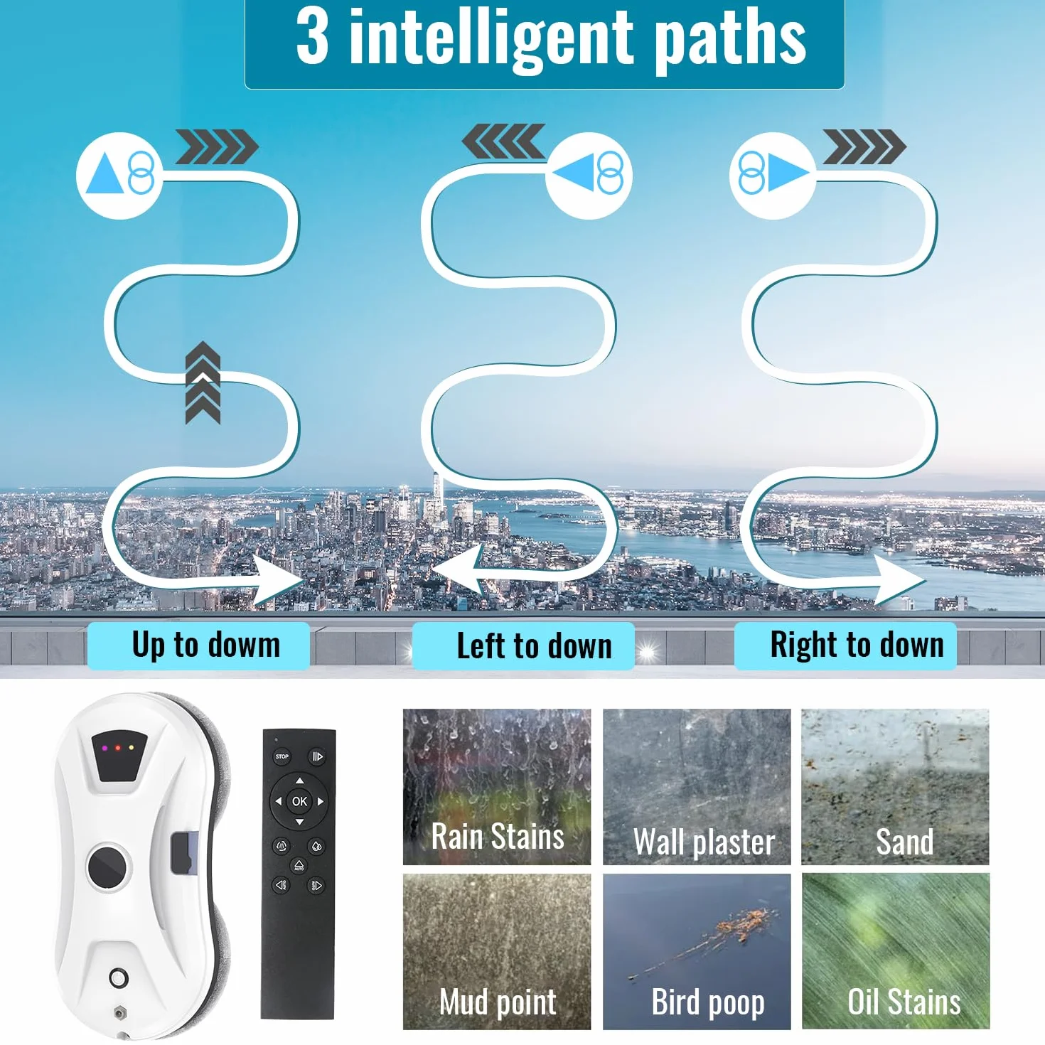 Robot do mycia okien z funkcją spryskiwania, 5600 Pa robot okienny z inteligentną nawigacją, 3 tryby czyszczenia, linka bezpieczeństwa i UPS, do okien, szkła, luster i płytek