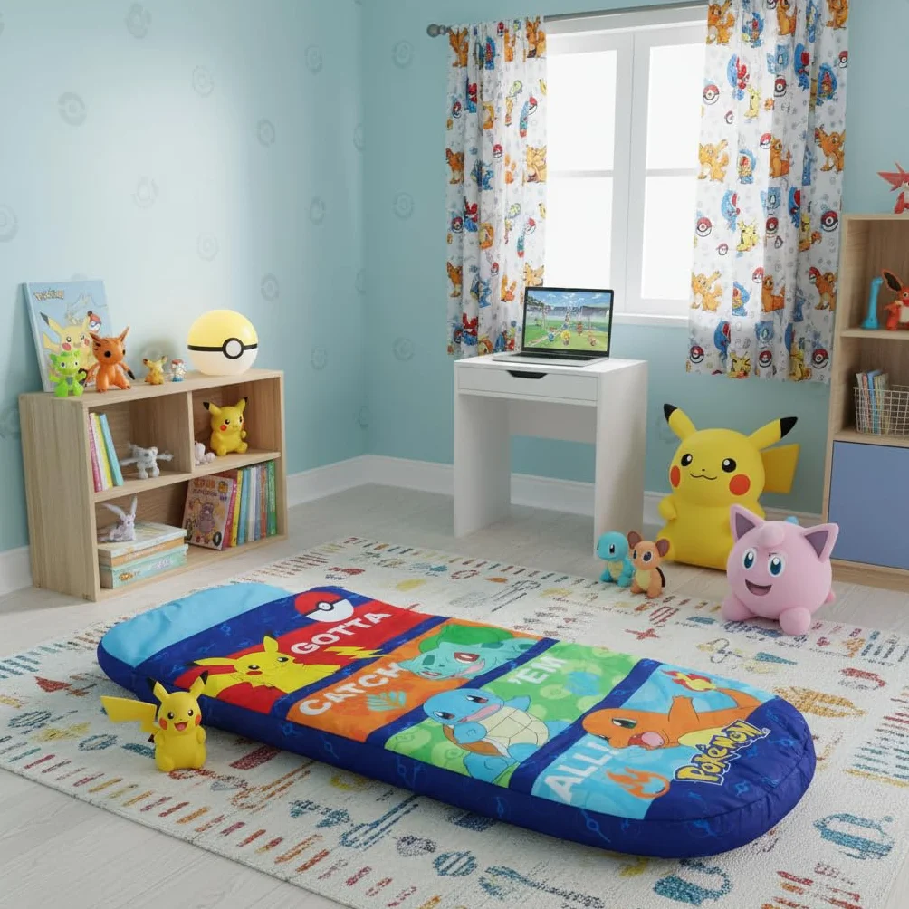 Character World Pokemon ReadyBed nadmuchiwane łóżko dmuchane i śpiwór z pompką, materac podróżny na nocowanie, kemping lub do użytku domowego