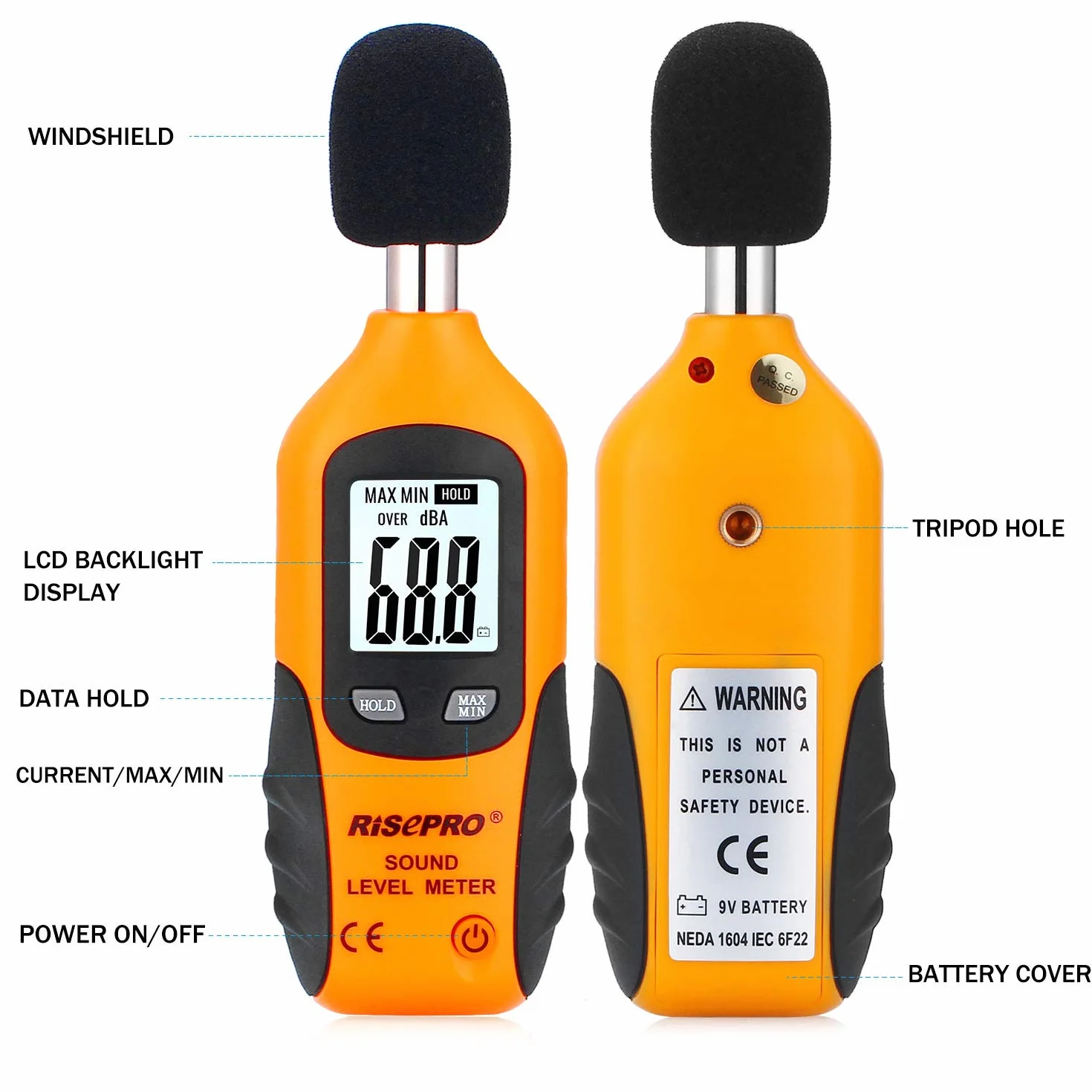 Miernik decybeli, cyfrowy miernik poziomu dźwięku RISEPRO® 30-130 dB, urządzenie do pomiaru szumów, podświetlenie MAX/MIN, automatyczne wyłączanie danych, podwójne zakresy, HT-80A