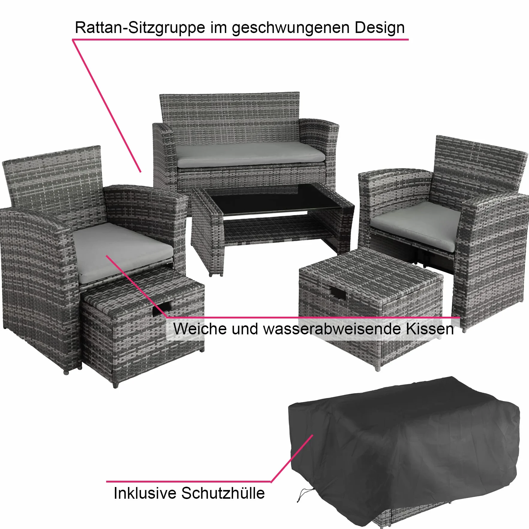 tectake® Zestaw Mebli Ogrodowych z Technorattanu Modena,Wysokiej Jakości, UV-Odporny, Wodoodporne Poduszki, Stalowa Rama, Stół ze Szkła Hartowanego, Przestronny Schowek - szary