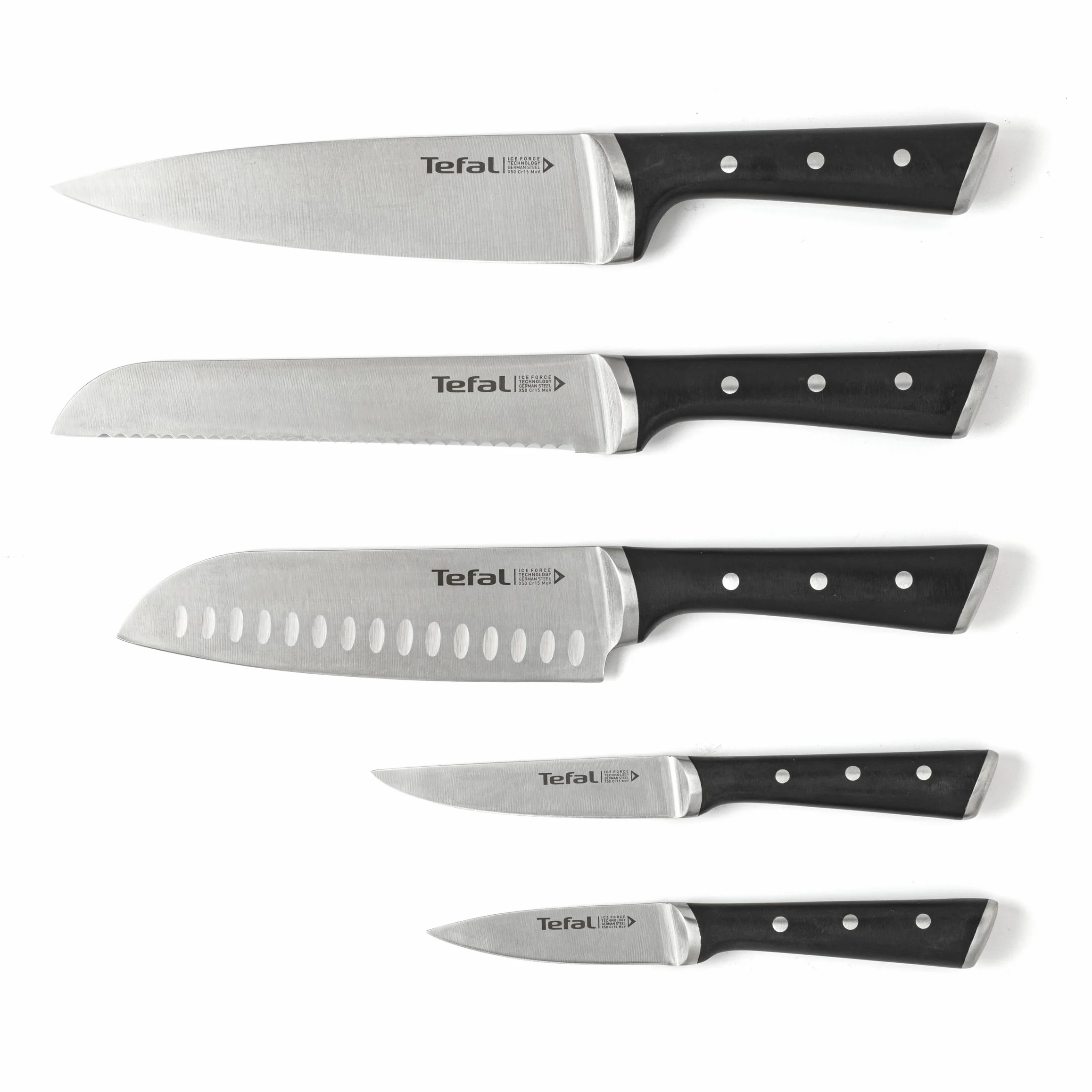 TEFAL Ice Force K232S574, Zestaw 5 noży w drewnianym bloku, Wyjątkowa trwałość i skuteczność, Nóż szefa kuchni 20cm, Nóż do chleba 20cm, Nóż Santoku 18cm, Nóż uniwersalny 11cm, Nóż do warzyw 9cm
