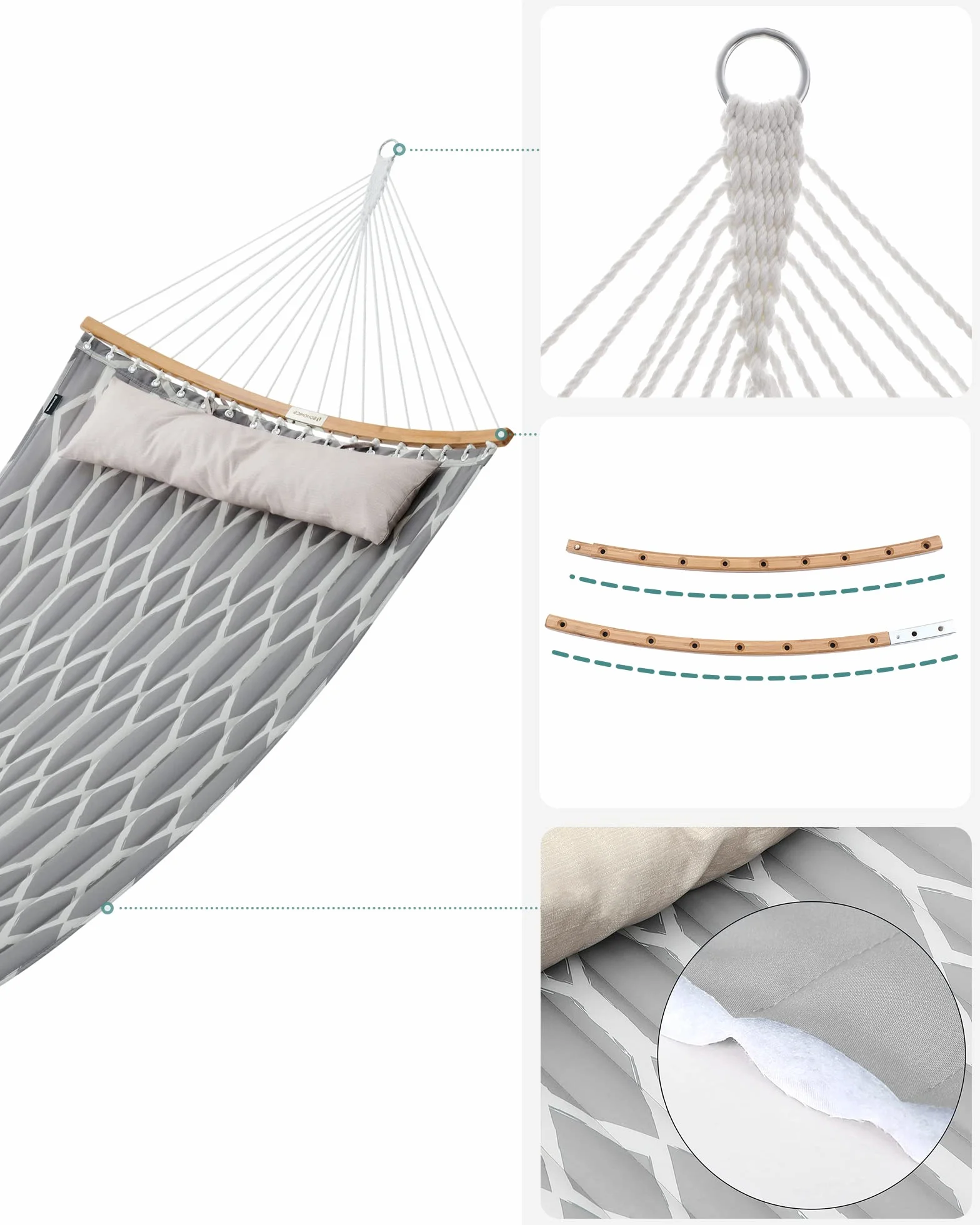 SONGMICS Hamak, hamak z tkaniny pikowanej z odpinanymi zakrzywionymi rozrzutnikami bambusowymi, poduszka 200 x 140 cm, nośność 225 kg, szary i beżowy romb GDC034G02