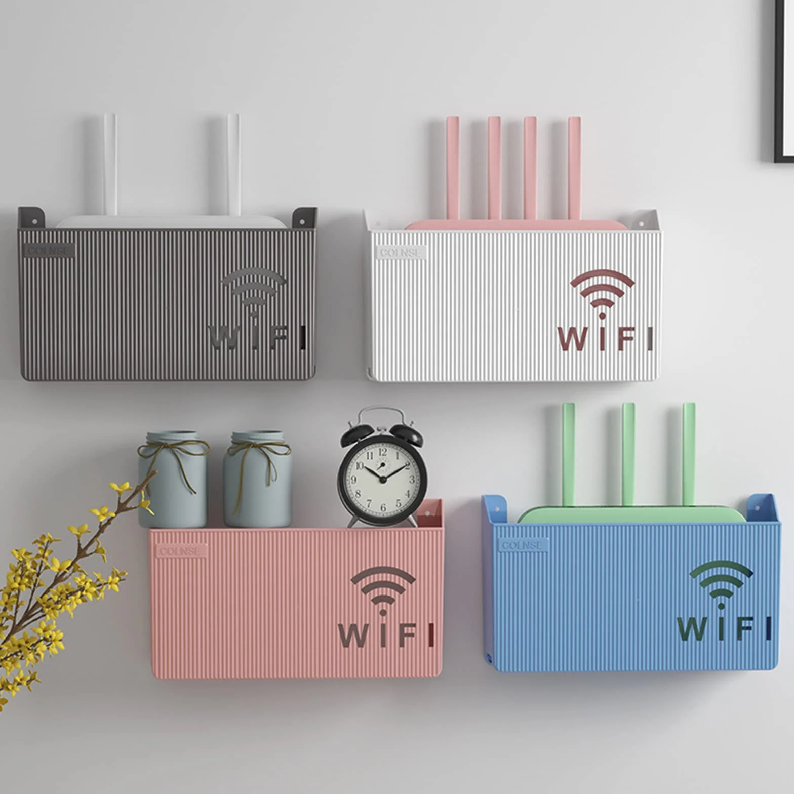 Router pudełko do przechowywania, na ścianę, Wi-Fi, router, regał ścienny, organizer na kable, do powieszenia na ścianie, kabel TV, schowek na ścianę, dekoracja ścienna (kolor: biały)