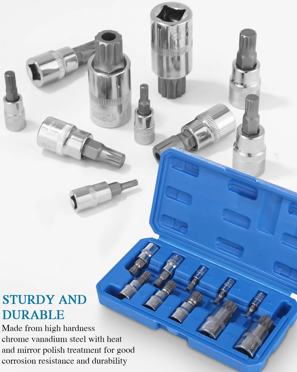 Bixury 10-częściowy zestaw nasadek wielozębnych 1/2″, 1/4″, 3/8″ do wkrętarki udarowej, imbusowe nasadki wewnętrzne M4, M5, M6, M8, M10, M12, M14, M16, M18, z niebieskim pudełkiem do przechowywania