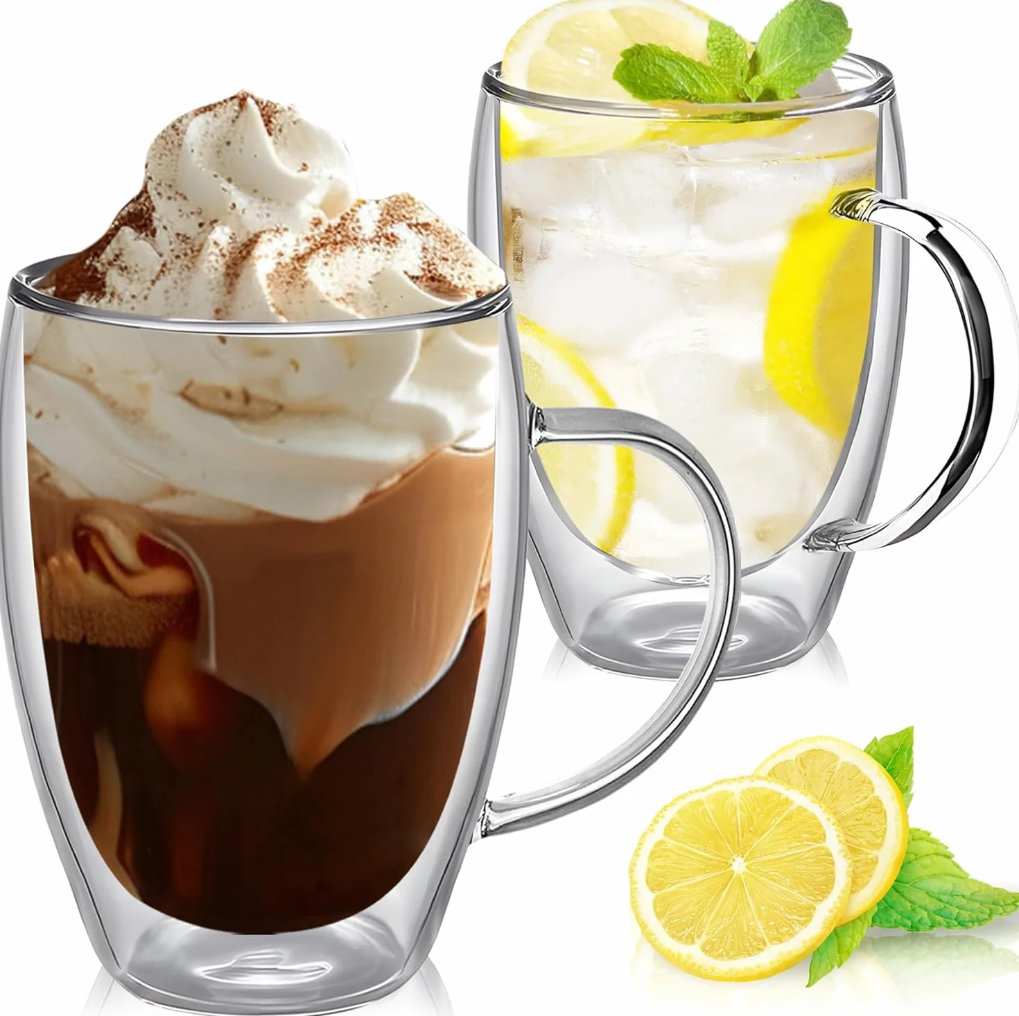 ERBO Szklanki do kawy o podwójnych ściankach 350 ml, szklanki do latte macchiato, 2 sztuki szklanek do kawy z uchwytem, podwójne ścianki cappuccino latte szklanki do herbaty
