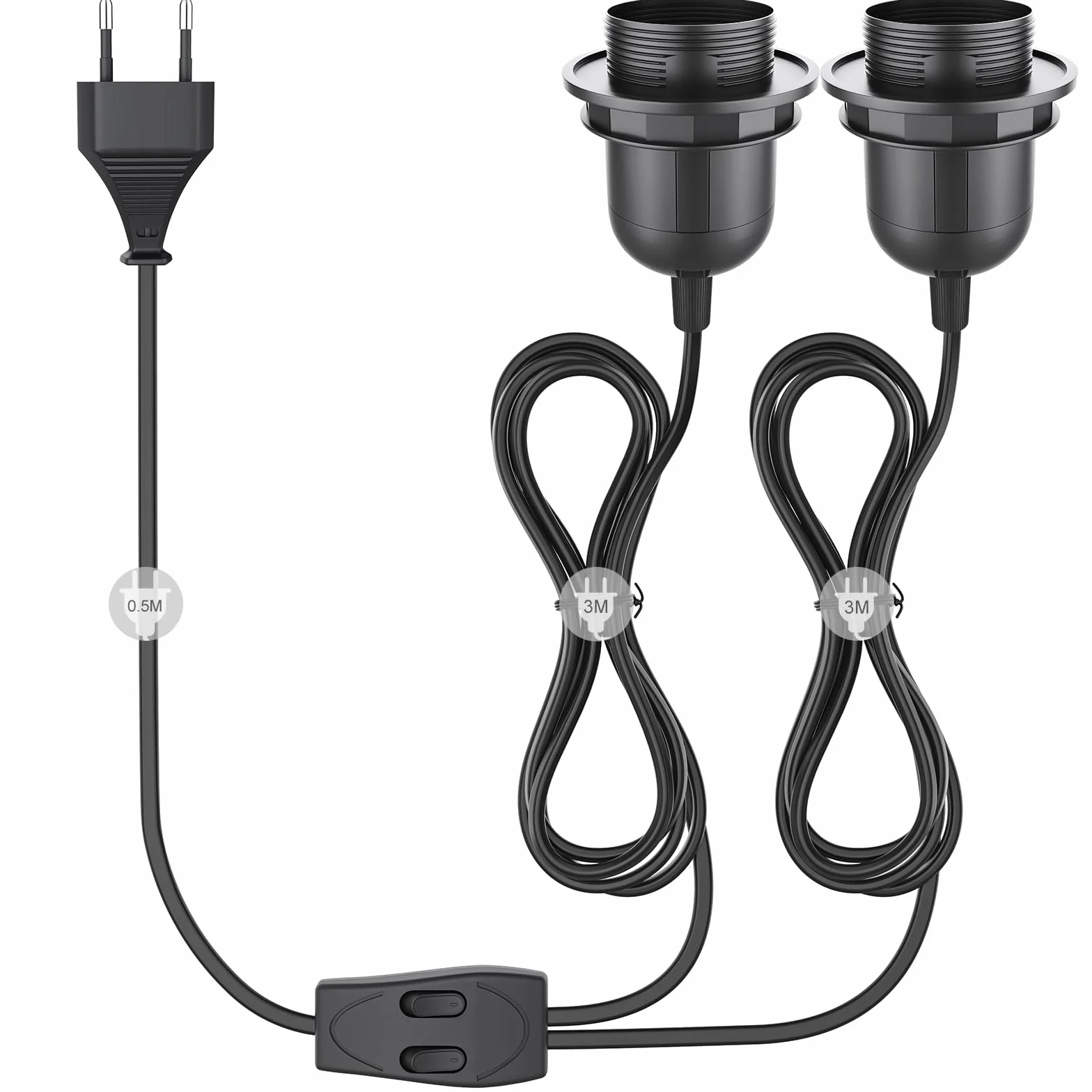 Oprawa lampy E27 z przełącznikiem i wtyczką, oprawa E27, czarna, z kablem o długości 3,5 m, pierścień śrubowy, do kuchni, salonu i pokoju dziecięcego - czarna