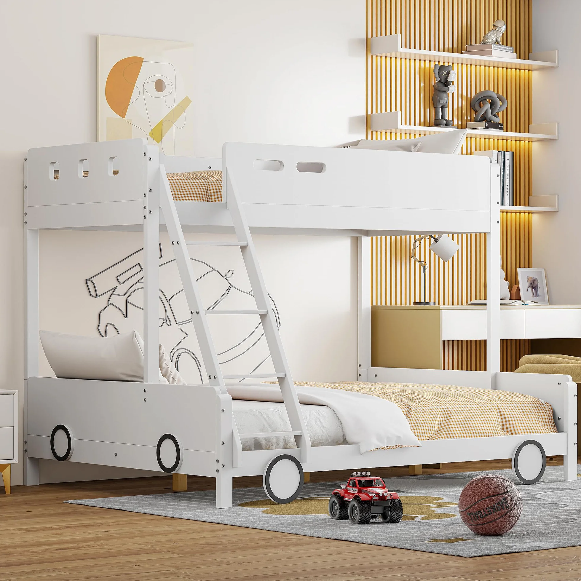 Dziecięce łóżko piętrowe w kształcie samochodu z litego drewna – u góry 90 x 200 cm, na dole 140 x 200 cm – łóżko rodzinne dla rodzeństwa – kratka bezpieczeństwa, kolor biały – obciążenie do 140 kg