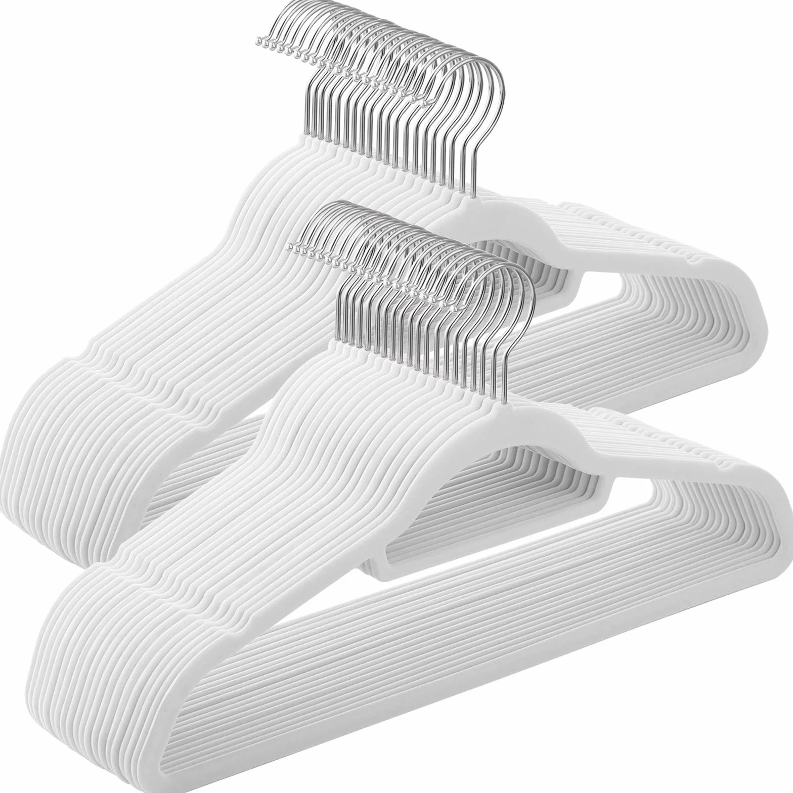 SONGMICS CRF020W02 Wieszak na ubrania, aksamitny, zestaw 50 sztuk, antypoślizgowy, mały drążek na krawat, hak obracany o 360°, grubość 0,6 cm, 43,5 cm długości, srebrno-biały