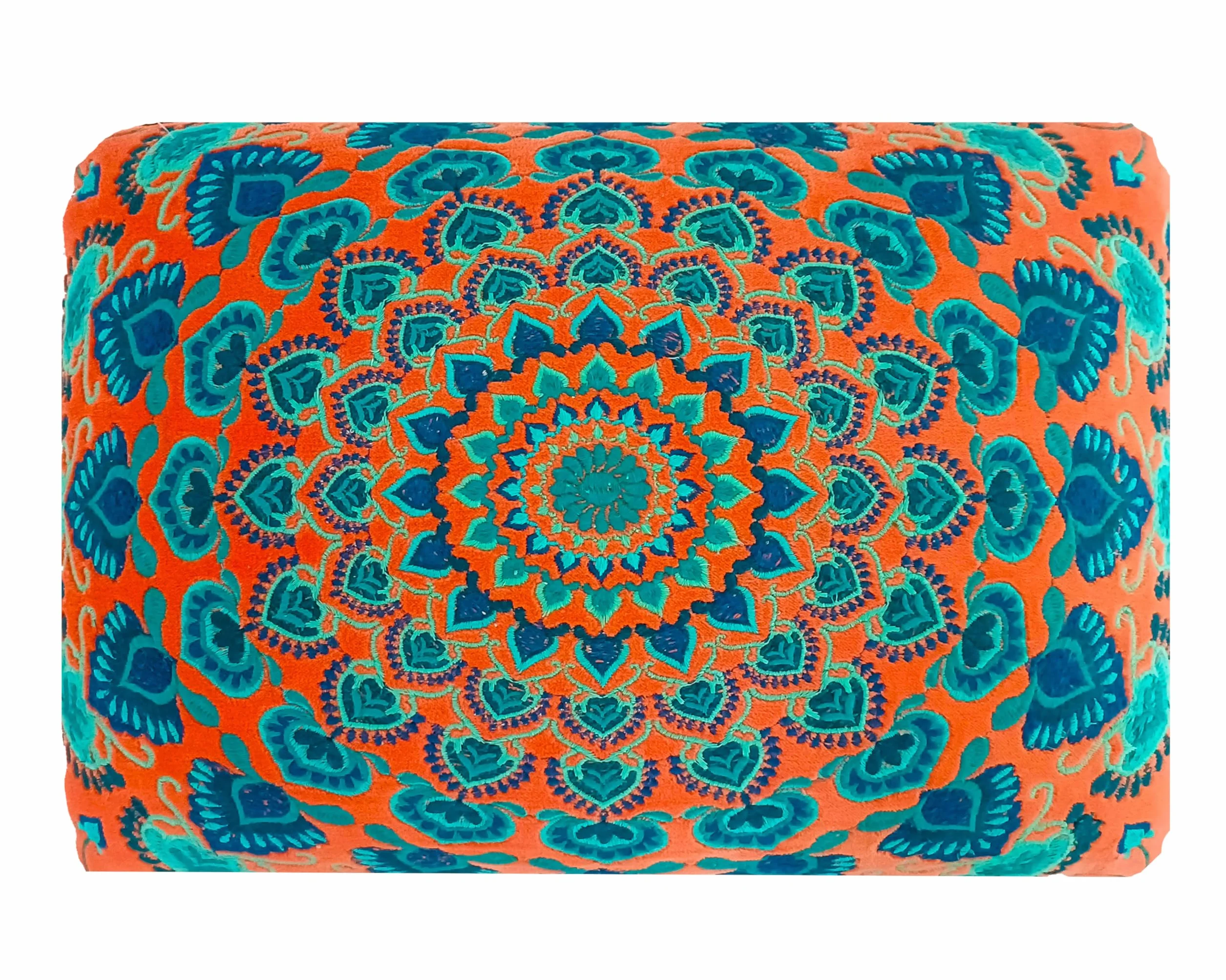 Marokański aksamitny haftowany podnóżek z ramą z drewna mango, 40 x 30 x 40 cm, tapicerowana drewniana ławka, boho, akcent otomana, do salonu, sypialni i nie tylko
