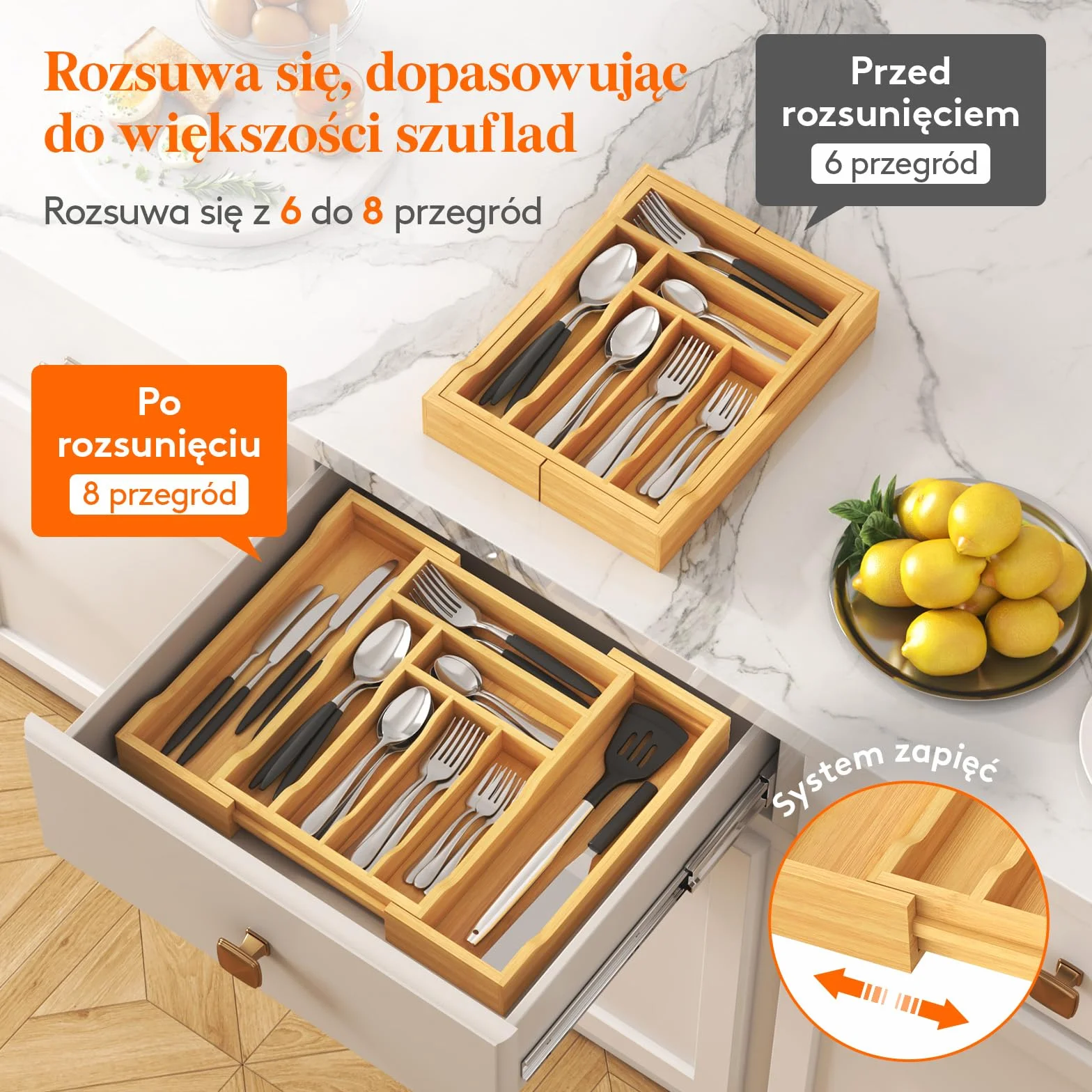Lifewit Szuflada na Sztućce Bambusowa Wkładka 33 cm Głębokość 42 cm Szerokość