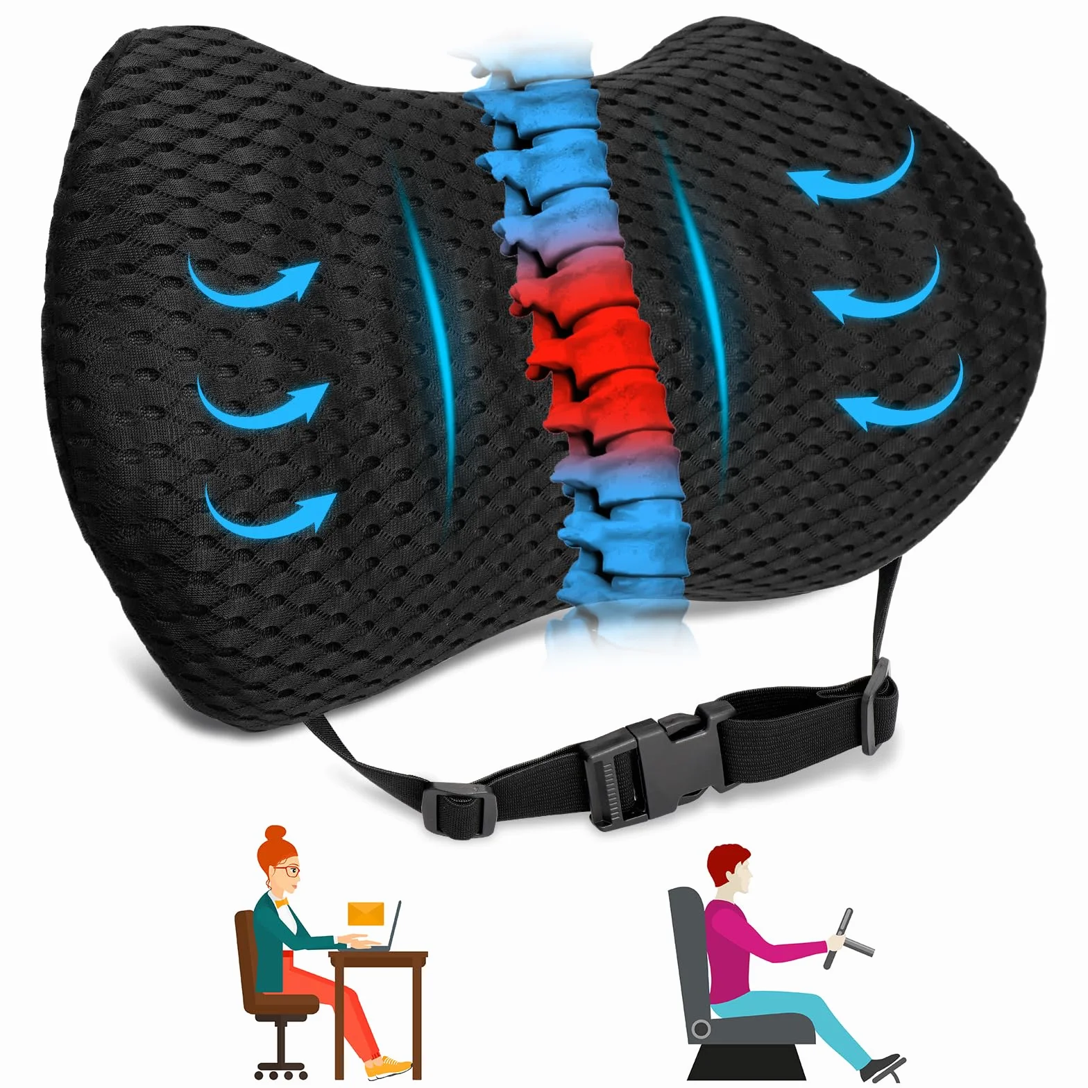 Sweetone Poduszka lędźwiowa z pianki z pamięcią kształtu, poduszka lędźwiowa, poduszka pod plecy na krzesło biurowe i fotel samochodowy, ergonomiczna poduszka podpierająca plecy, antypoślizgowa, z