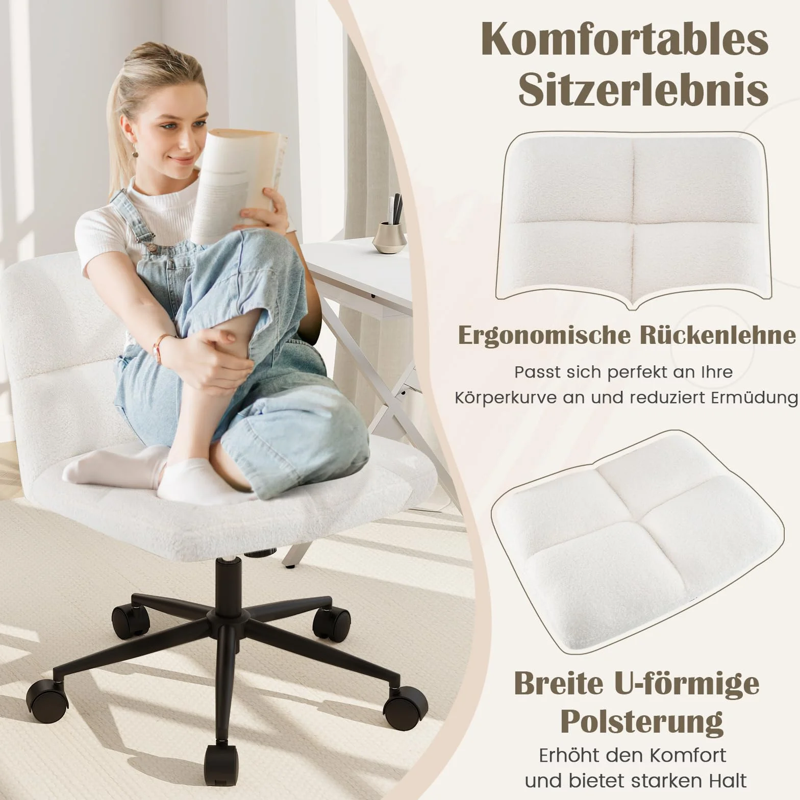 COSTWAY Krzesło krawieckie z kółkami, obrotowe bez podłokietników, szerokie siedzisko, regulacja wysokości, przechylenie