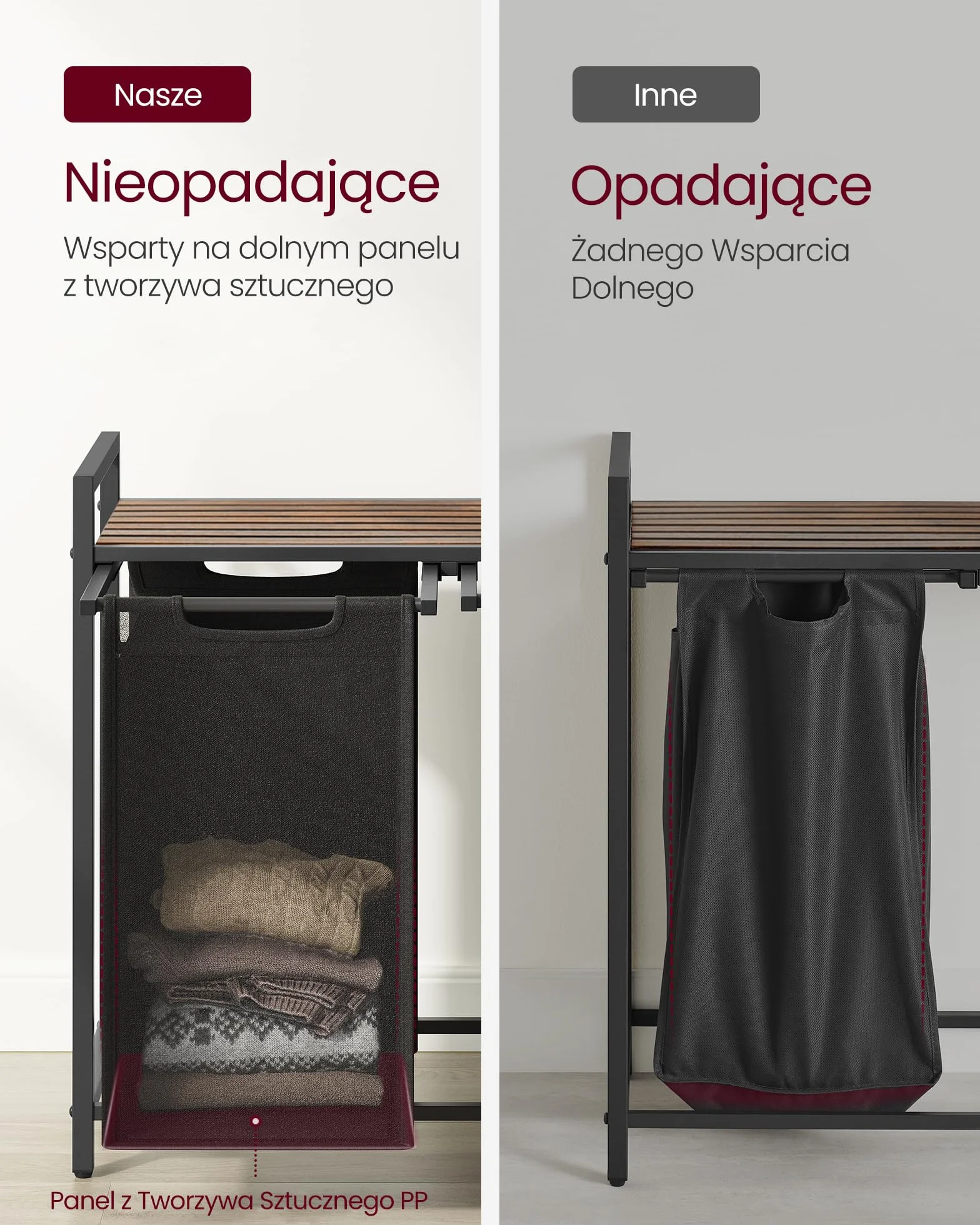 VASAGLE kosz na pranie brudny, kosz na bieliznę, taca z 2 wyjmowanymi torbami z tkaniny Oxford, metalowa rama, 2 x 46L, 73 x 33 x 72 cm, rustykalny brąz i czarny BLH201B01V1