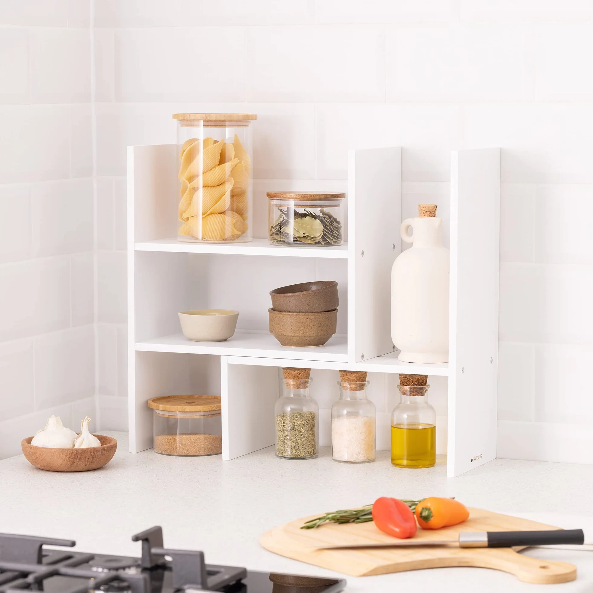 Navaris Bambusowy organizer na biurko, 64 x 15,5 x 40 cm, regulowany system porządkowania – regał narożny do kuchni, biura, łazienki, nadstawka regału – biały