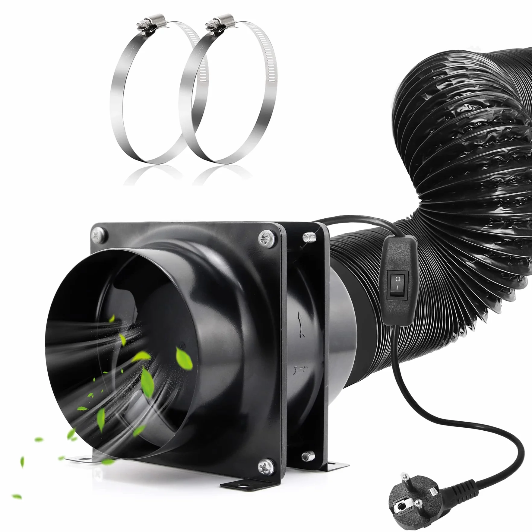 Osiowy wentylator rurowy Ø 100 mm, z włącznikiem/wyłącznikiem, wąż kanałowy 2 m, do garażu, biura, namiotu uprawowego