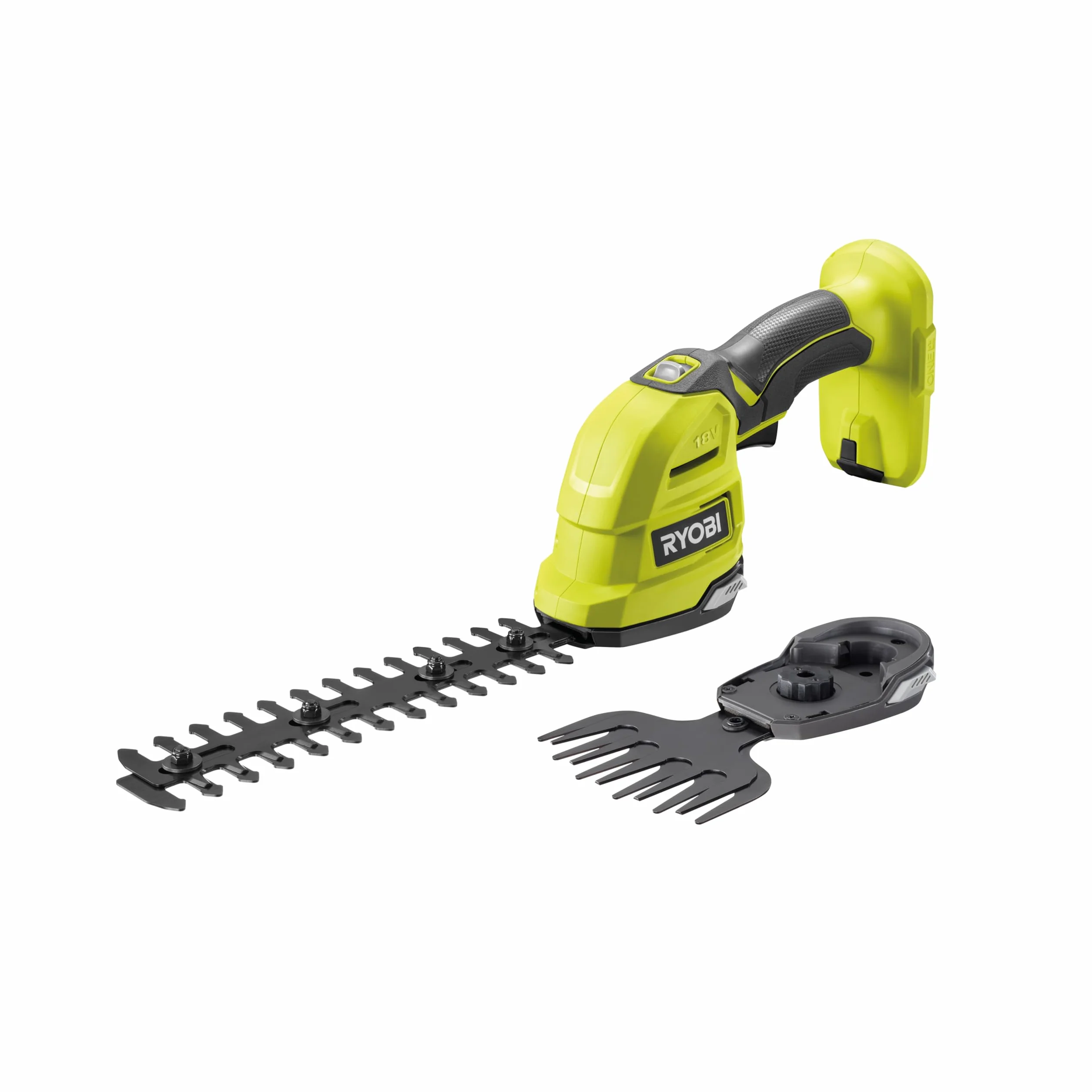 Ryobi Nożyce do Żywopłotu i Trawy 18V, RY18GSA-0, Kompaktowe Nożyce, 2w1, Ostrze do Krzewów 20 cm, Ostrze do Trawy 10 cm, Beznarzędziowa Wymiana Ostrzy, Wersja bez Akumulatora i Ładowarki