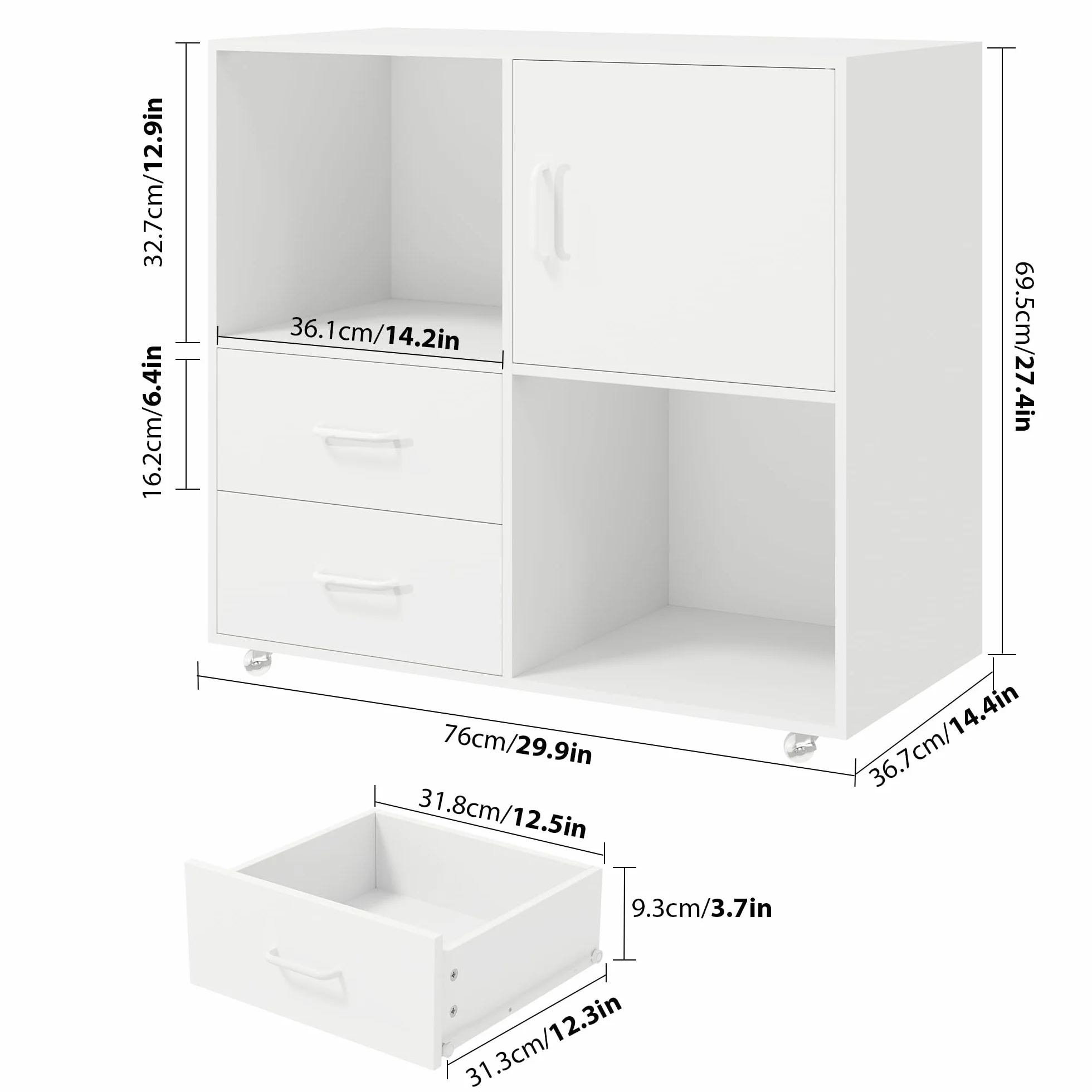 HOCSOK Kontener na kółkach, szafka na dokumenty z 2 szufladami i 5 kółkami, szafka pod biurko, na dokumenty, papier A4, format listów, stojak na drukarkę, do salonu, sypialni i biura