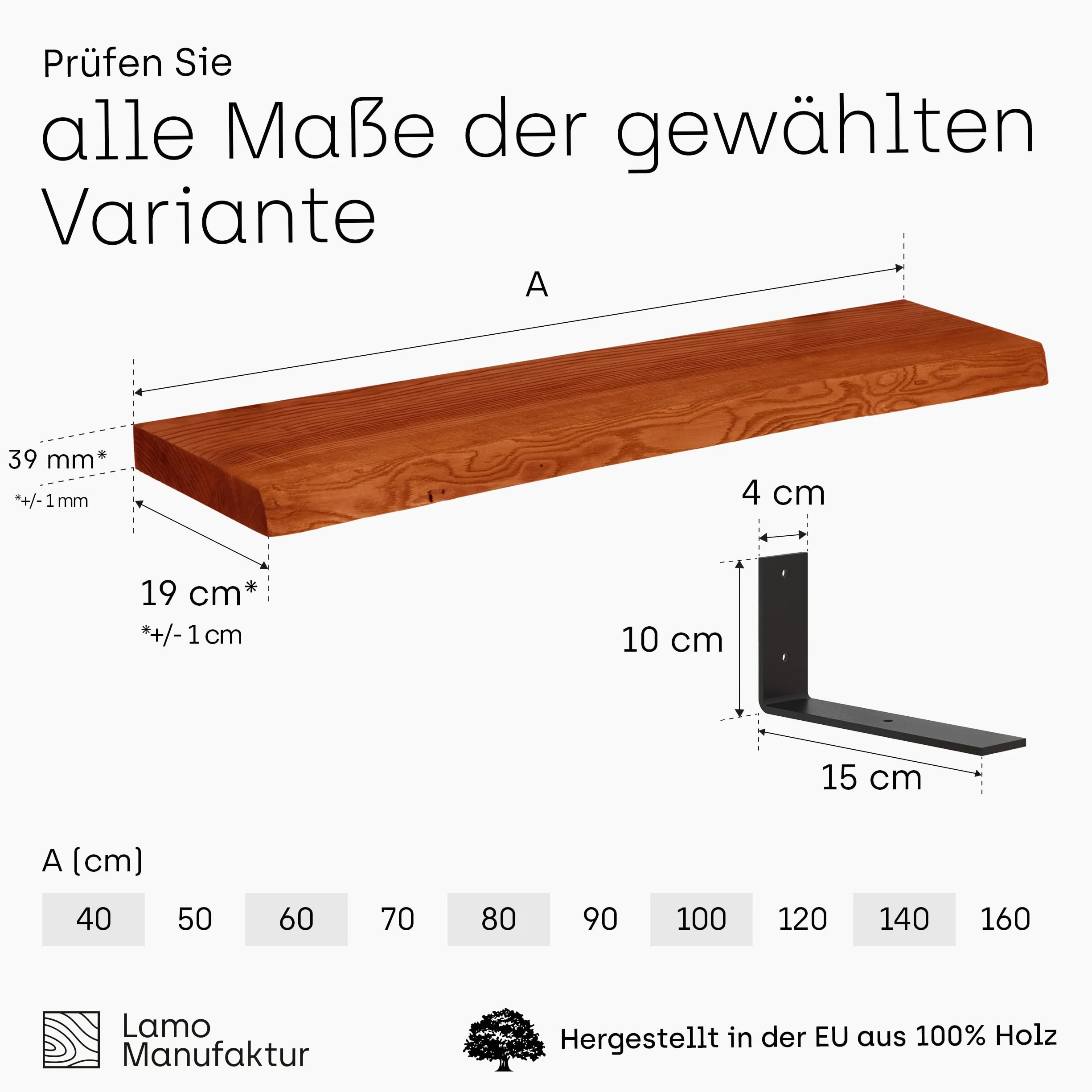 LAMO Manufaktur półka ścienna, regał drewniany, szczotkowana krawędź, w zestawie dodatkowo czarny wspornik do półki, ciemny jesion 160cm, LW-01-A-004-160L