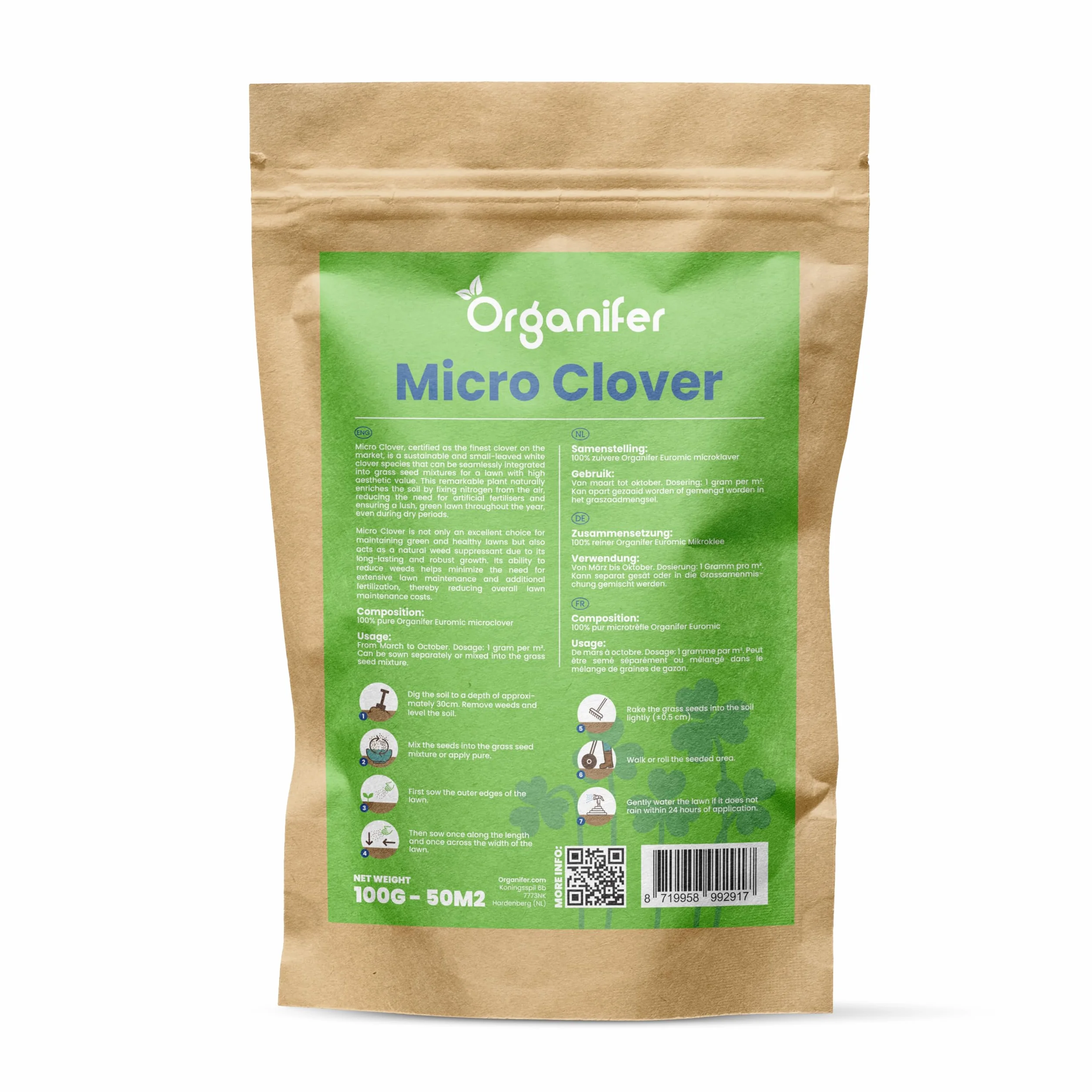 Trawnik Microclover - 100 G - 50 M2 - Wyższa tolerancja na ruch pieszy - Niskie wymagania pielęgnacyjne - Wzbogaca glebę - Naturalny środek chwastobójczy - Organizator