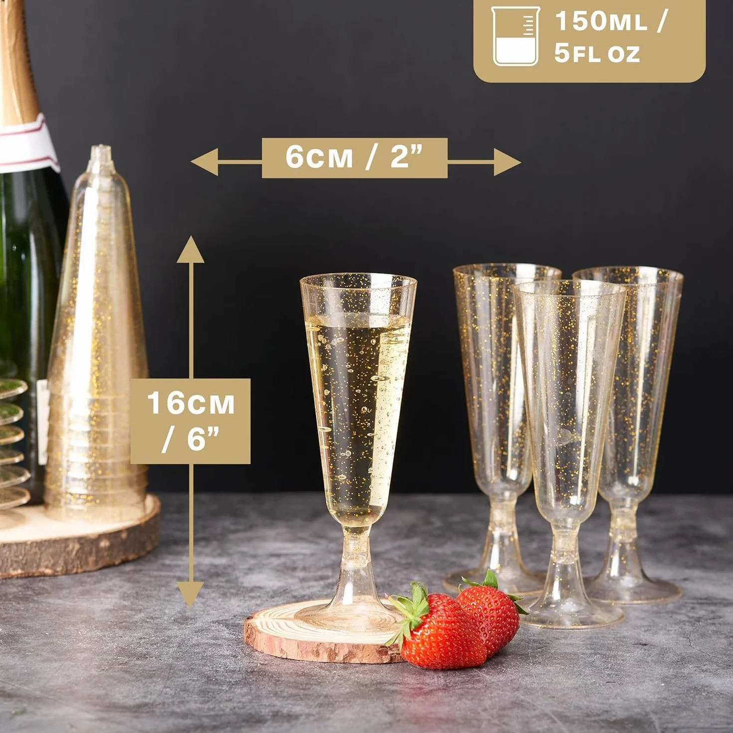 MATANA 50 Eleganckich Plastikowych Filiżanek do Szampana z Złotym Brokatem, 150 ml - Wytrzymałe i Wielokrotnego Użycia - Koktajle, Prosecco, Mimosa - Urodziny, Wesela, Boże Narodzenie i Imprezy