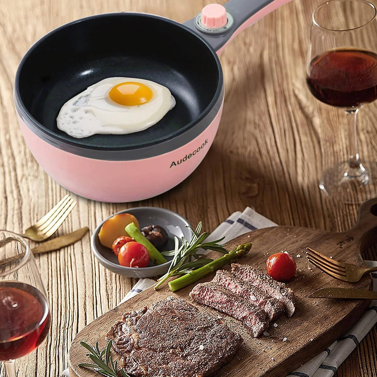Audecook Hot Pot Elektryczna mini patelnia elektryczna, przenośna, nieprzywierająca patelnia do smażenia z regulacją mocy, szybka kuchenka do ramenu, podróżny multicooker, garnek elektryczny, do zupy