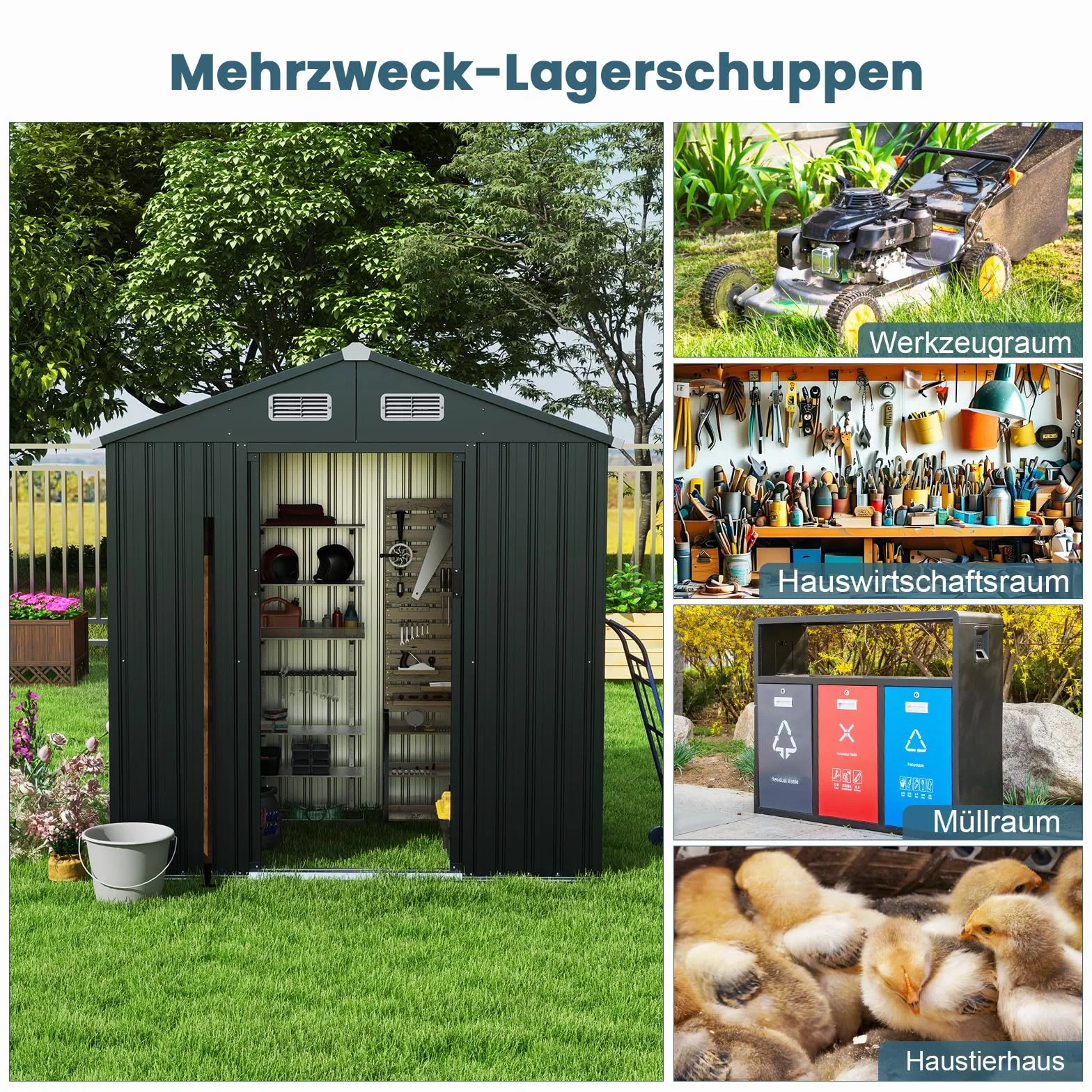 COSTWAY Domek ogrodowy metalowy, 182 x 129 x 197 cm | 3,25 m³, szopa ogrodowa z dachem dwuspadowym i 2 drzwiami przesuwnymi, szopa na narzędzia z zamkiem, domek ogrodowy, szopa ogrodowa na zewnątrz