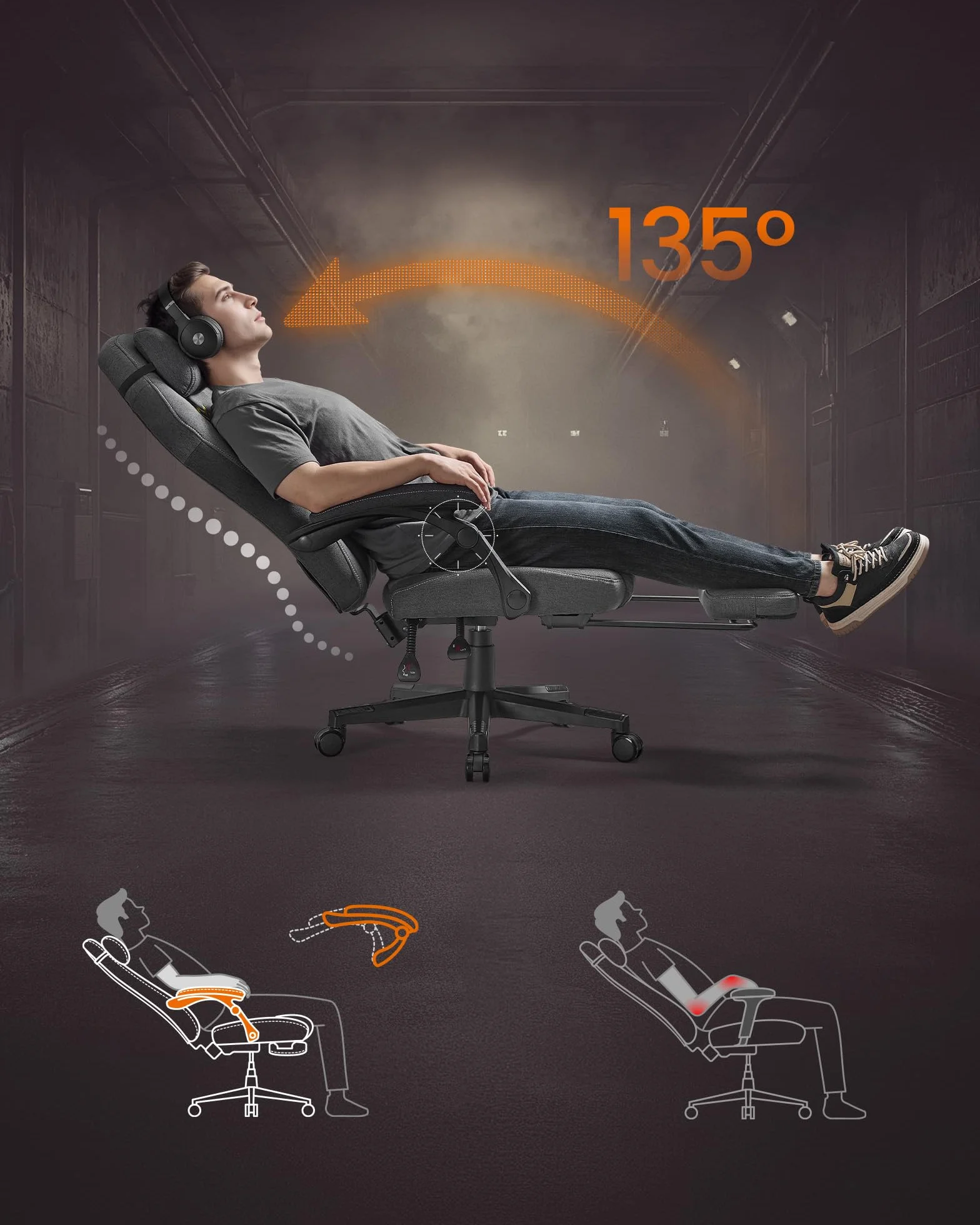 SONGMICS HOME Krzesło do gier, ergonomiczne krzesło komputerowe z podnóżkiem, krzesło biurowe, krzesło obrotowe z poduszką, mieszanka bawełny i lnu, regulacja wysokości, gołębi szary OBG072G01