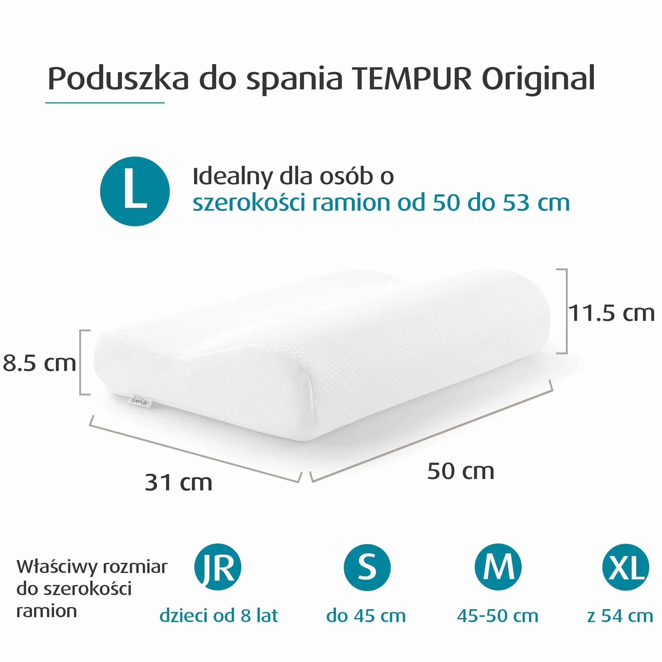 Tempur Original Poduszka Ergonomiczna, Biały, L (50 x 31 x 11,5/8,5 cm)