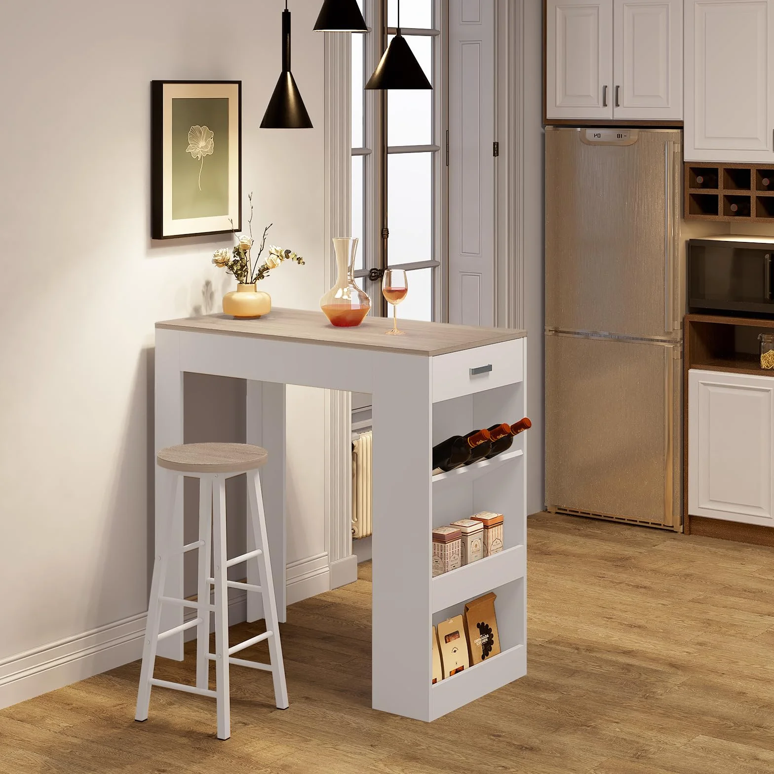WOLTU BT47whe Stolik barowy z 1 szufladą, 3 półki, z regałem na wino, stół kuchenny, do baru, kuchni, salonu, jadalni, 100 x 100 x 50 cm, kolor biały, imitacja drewna