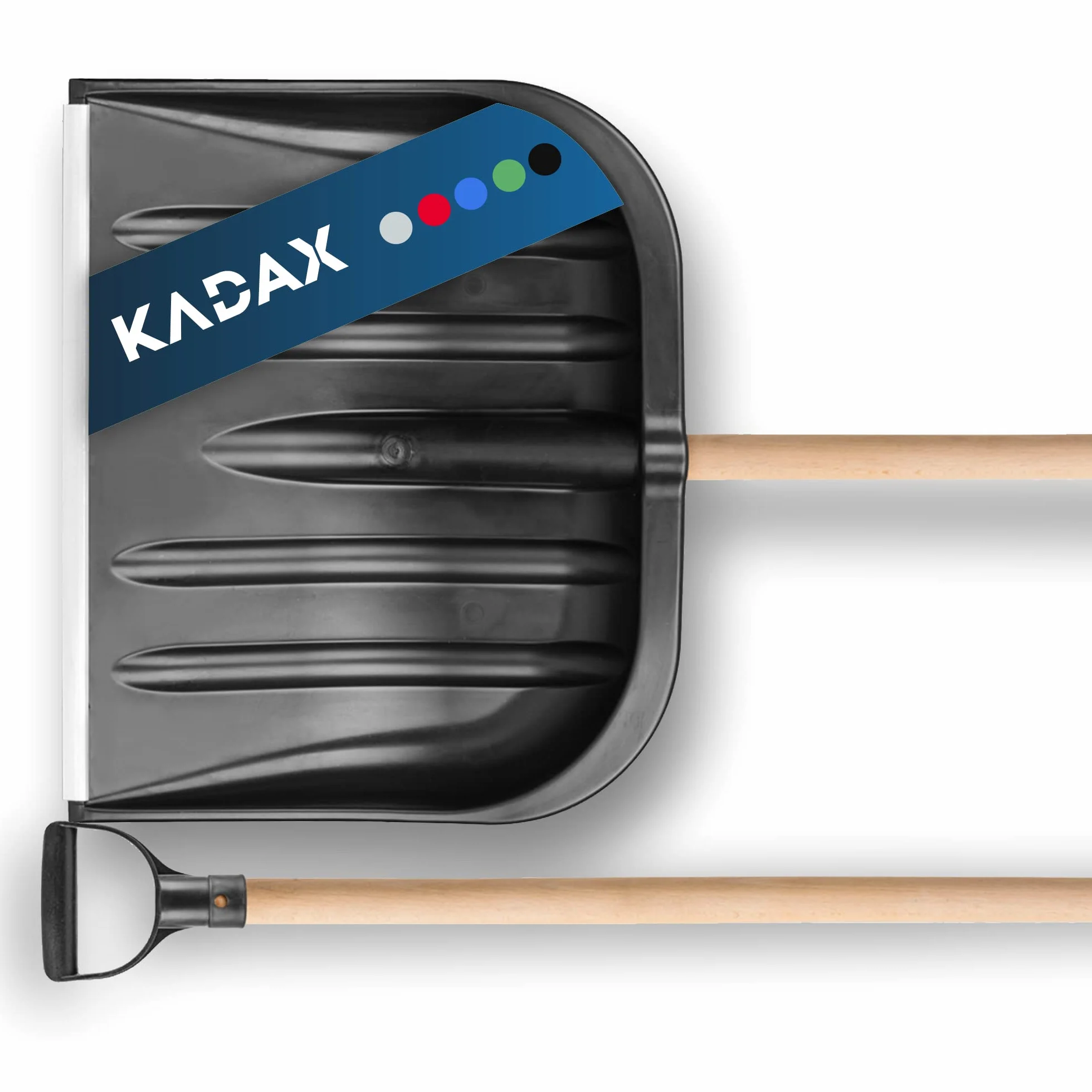 KADAX Plastikowa łopata do śniegu, szerokość: 49 cm, wyprofilowana szufla do odśnieżania z długim trzonkiem, łopata z uchwytem w kształcie litery D (drewniany trzonek, czarny)