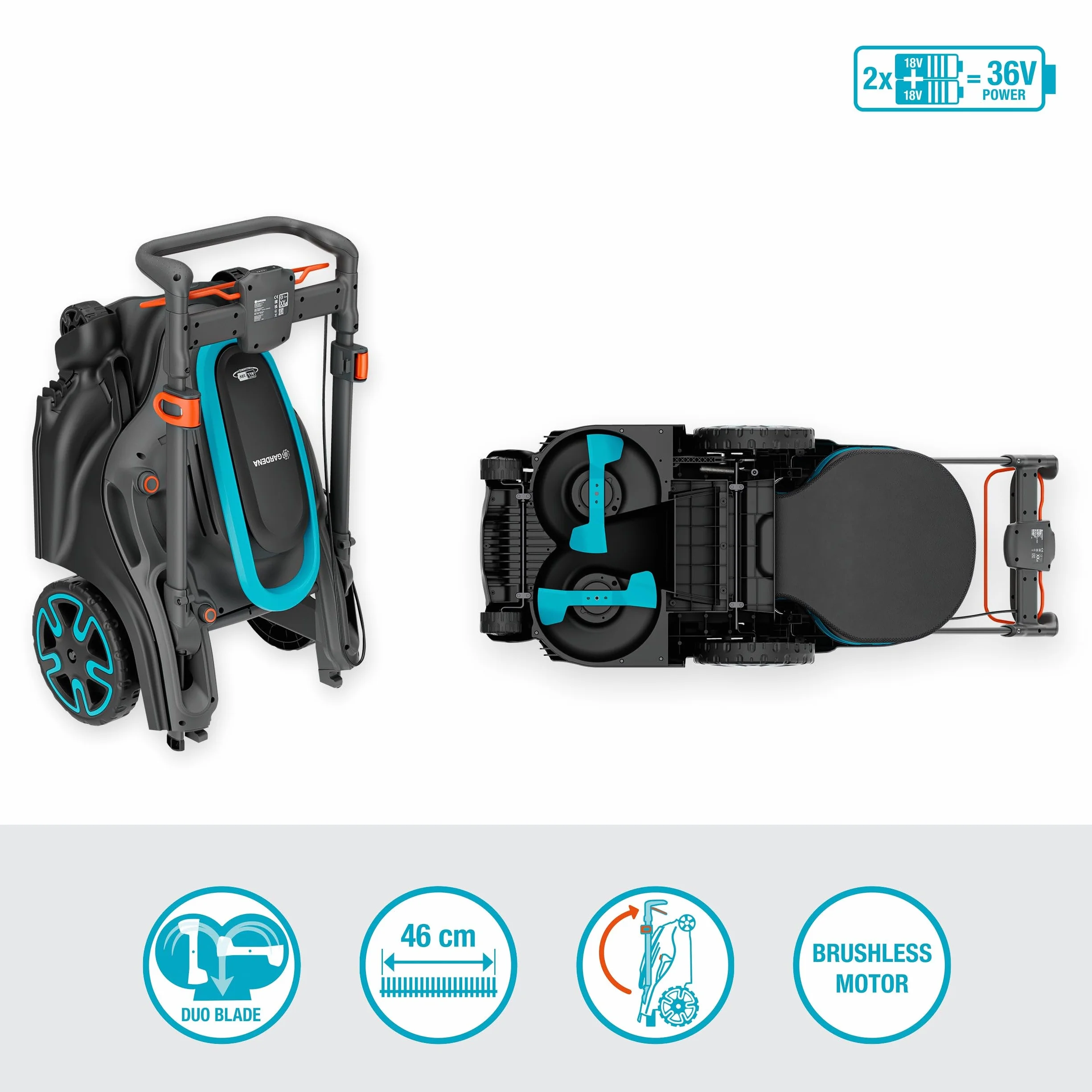 Gardena Kosiarka akumulatorowa PowerMax Duo 46/36 V, szerokość koszenia 46 cm, technologia DuoBlade, w tym akumulator POWER FOR ALL, ergonomiczna konstrukcja, wydajne koszenie trawnika (14646-65)
