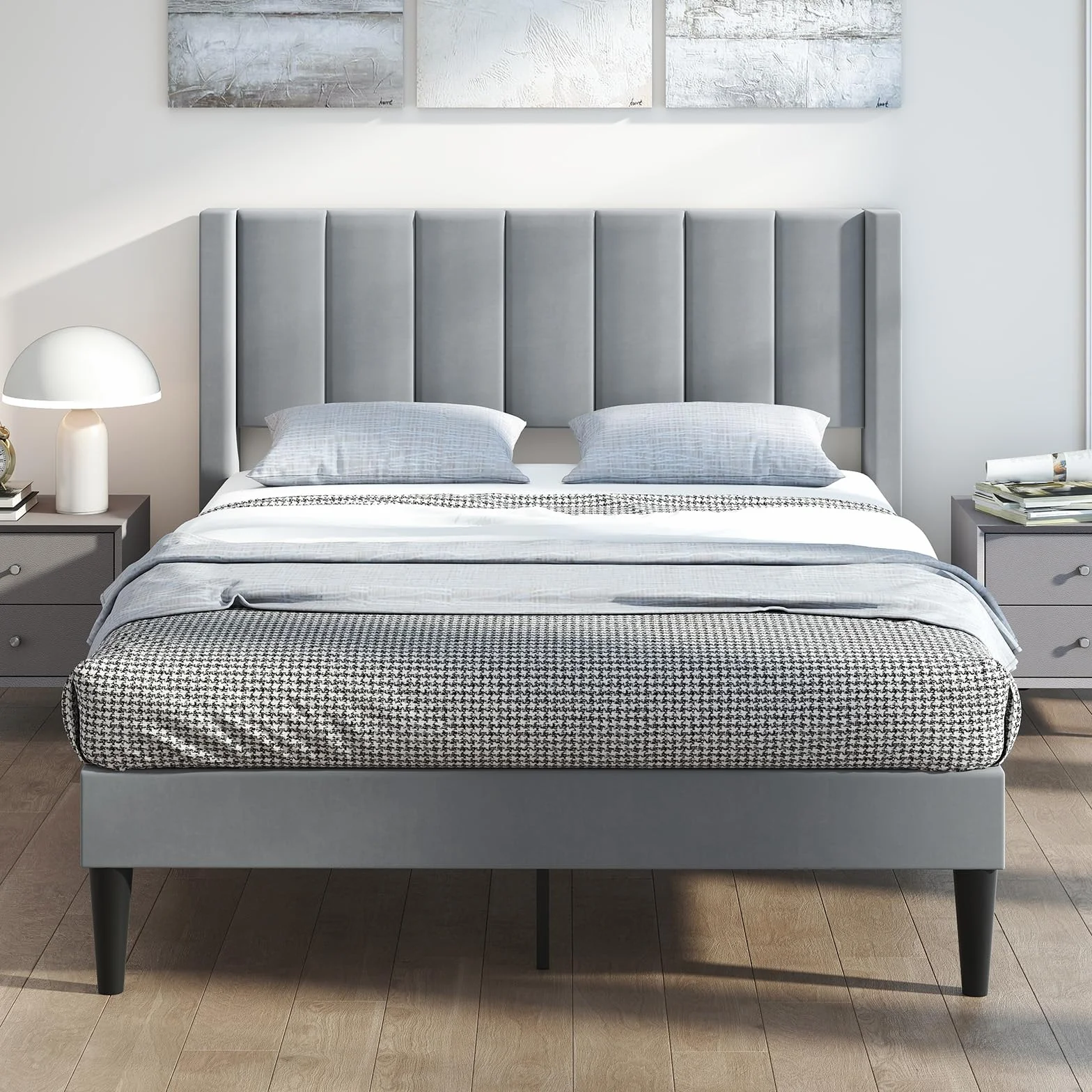 COSTWAY Rama łóżka na materac 200 x 140 cm, tapicerowany stelaż łóżka dwuosobowego, łóżko z podnóżkiem z zagłówkiem, drewniana podpora, regulowane podkładki pod stopy, kolor szary (Model I,L)