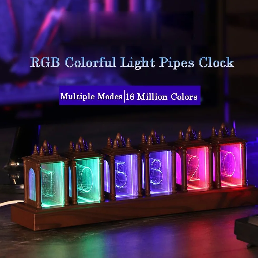 Nixie Tube Zegar cyfrowy z orzecha włoskiego, alarm 12/24 h i wyświetlacz, regulowana jasność i kolor, lampka nocna, oświetlenie RGB, montaż biurkowy dla przyjaciela, na Boże Narodzenie, urodziny