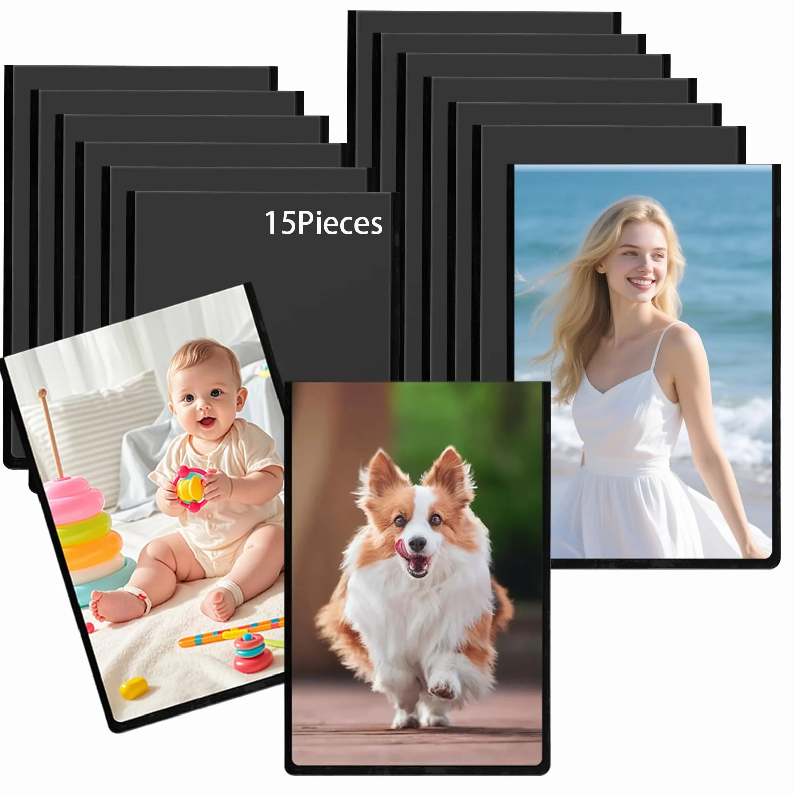 15 sztuk magnetycznych ramek na zdjęcia, czarne: 9,3 x 6,3 cm, mini ramki magnetyczne do lodówki, Instax mini, folii Polaroid, pocztówek i obrazów – magnetyczne kieszenie na zdjęcia do ekspozycji i