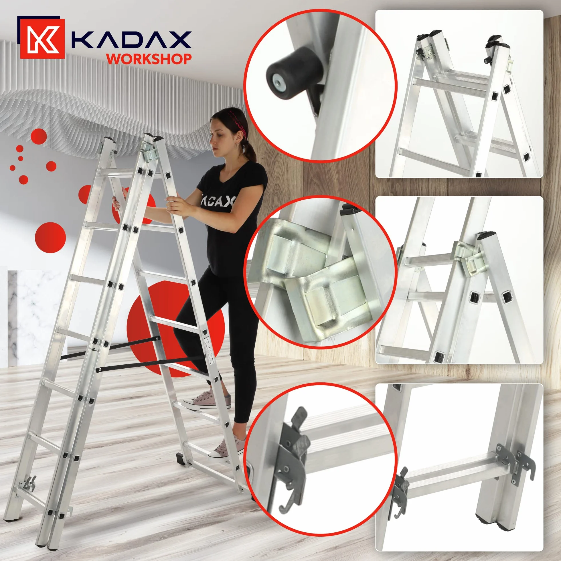 KADAX Drabina aluminiowa składana 3 - stopniowa, udźwig 125 kg, stopnie antypoślizgowe, półka na narzędzia, lekka i stabilna do domu i warsztatu