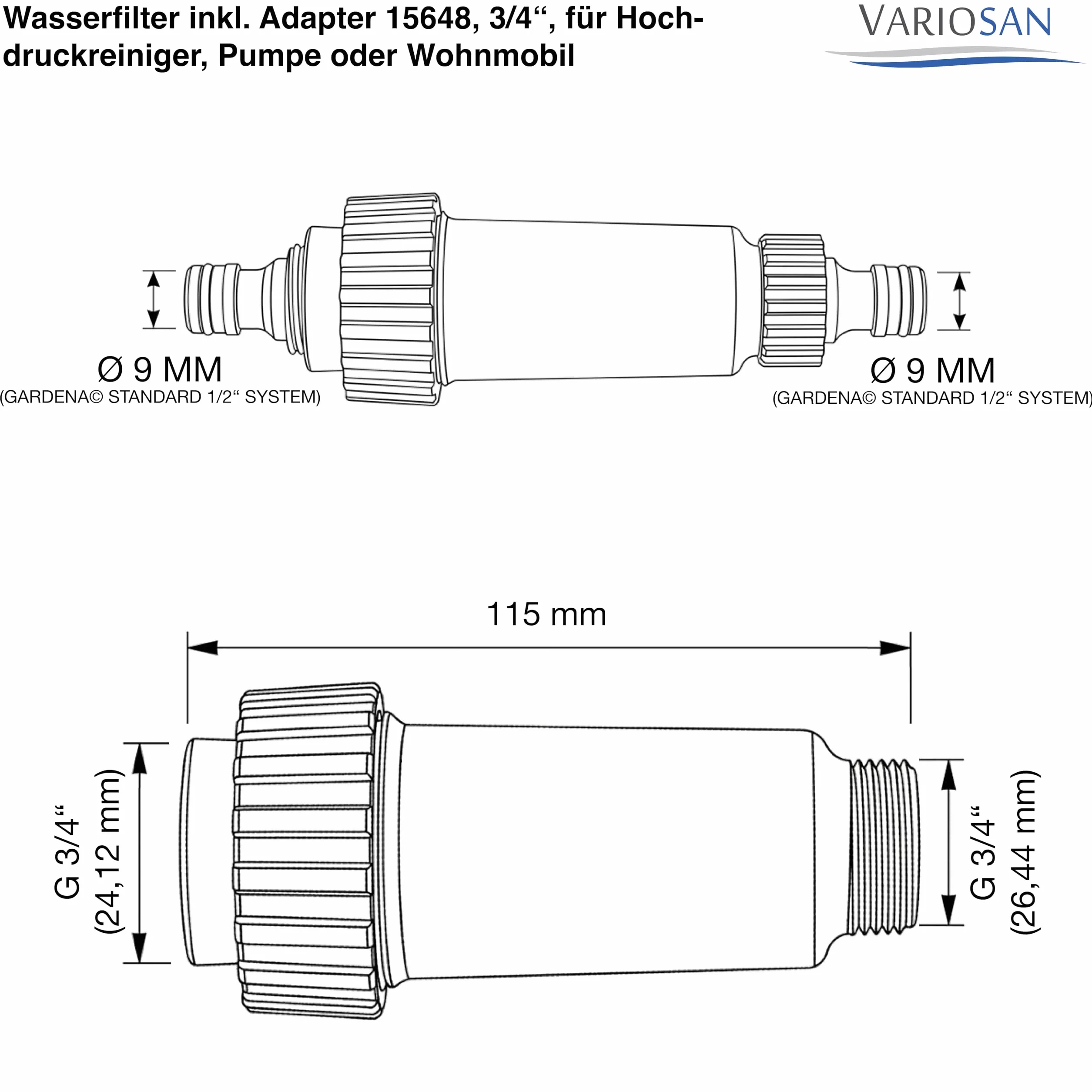 VARIOSAN Filtr do wody, w zestawie adapter 15648, 24 mm, do myjki wysokociśnieniowej, pompy lub kampera, pasuje m.in. do Kärcher 4.730-059.0
