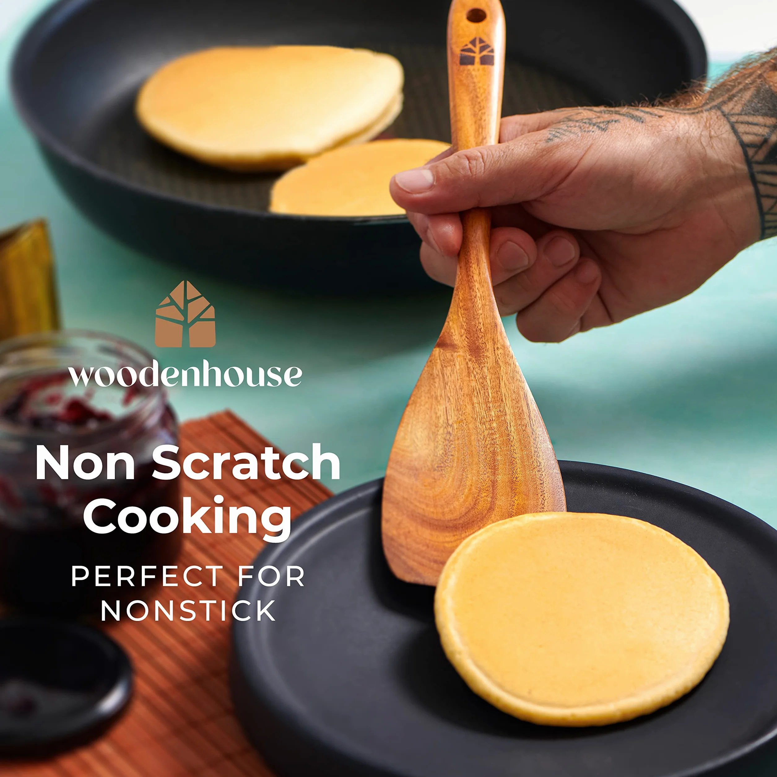 Teak Wooden Spoons for Cooking Set with Holder - 12pcs Nonstick Kitchen Utensils by Woodenhouse