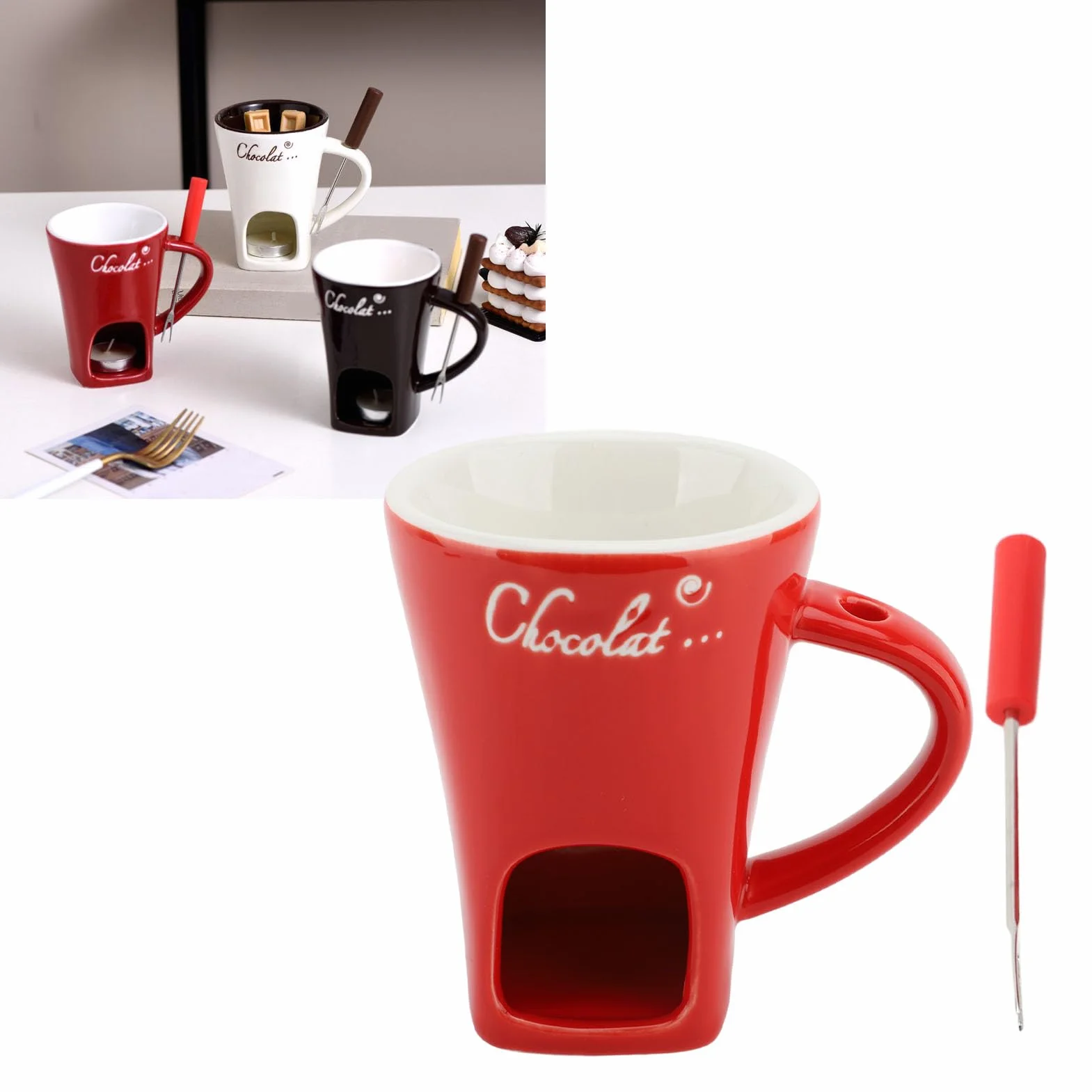 Ceramiczny Kubek do Topienia Czekolady Fondue z Widelcem, Czerwony