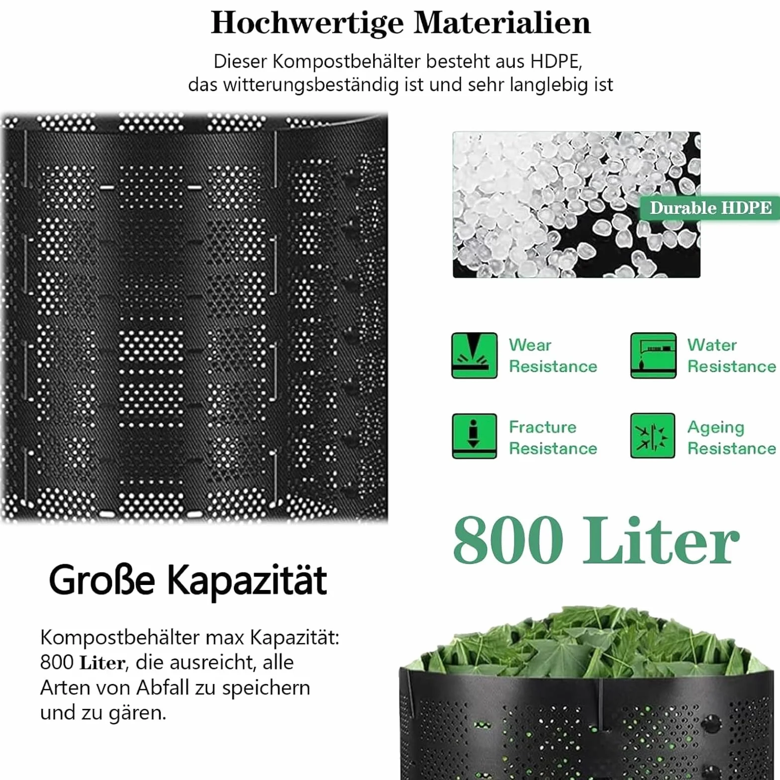 Kompostownik ogrodowy 800 l, szybki kompostownik z możliwością rozbudowy, w kolorze czarnym, materiał HDPE, 4 drążki podporowe do zrównoważonego recyklingu odpadów ogrodowych