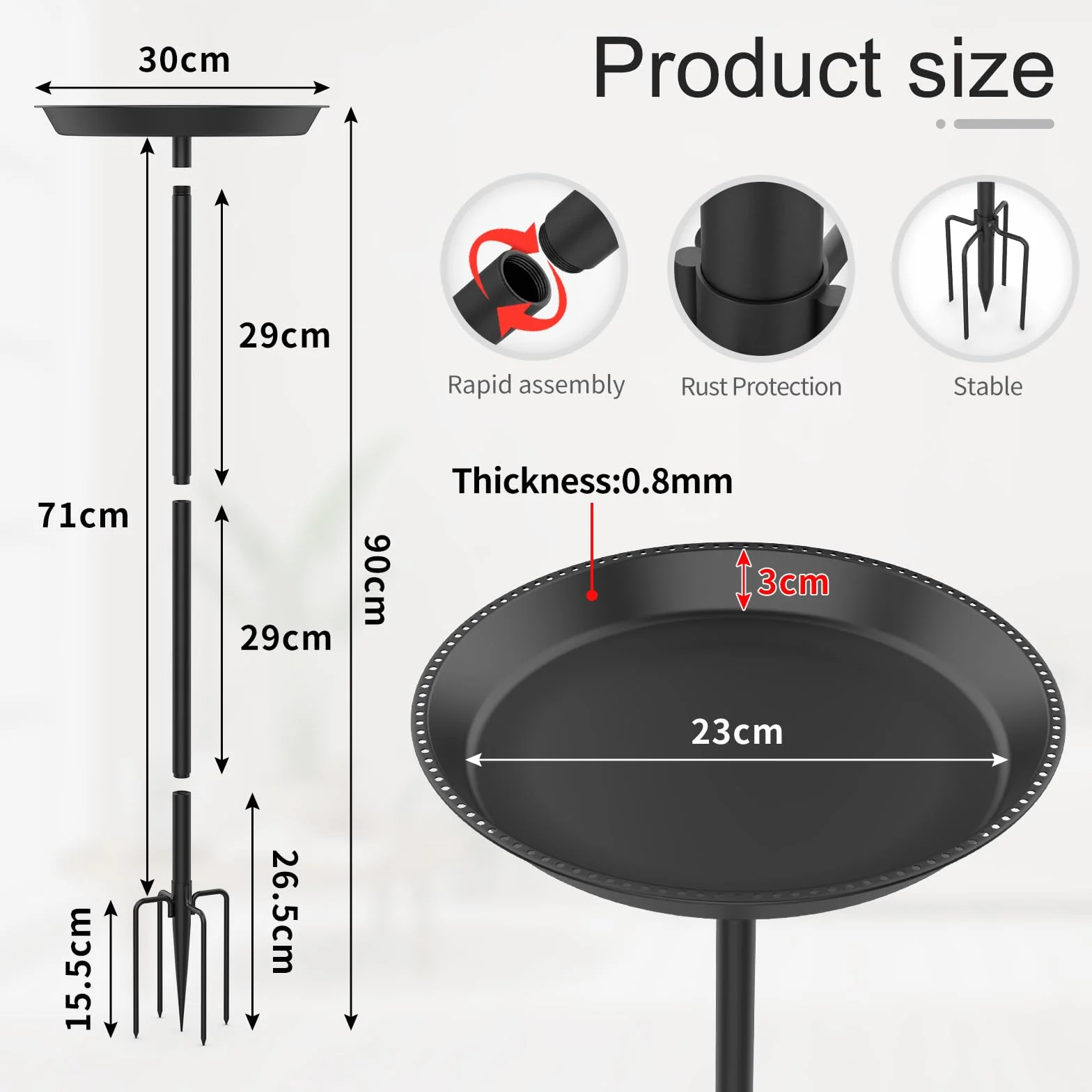 efuturetime Poidło dla ptaków, stojące, duże, z metalu, z otworami φ 30 x 90 cm, poidło dla ptaków, szpikulec ogrodowy z regulacją wysokości, stojak do kąpieli dla ptaków, na balkon, kolor czarny