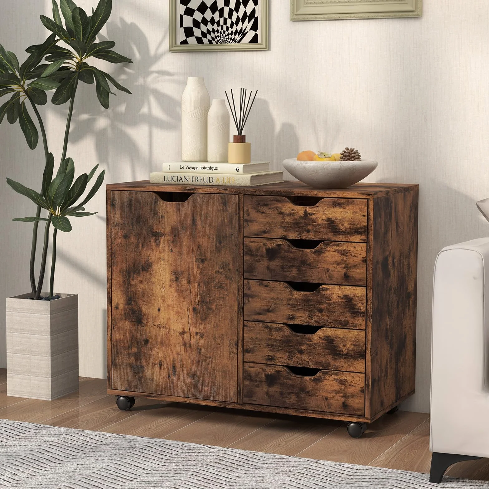 GOPLUS Kontener na kółkach z szufladami, mobilna szafka na dokumenty z szafką, szafka biurowa na 5 kółkach, na drukarki i książki, 78 × 39 × 65 cm (rustykalny brąz)