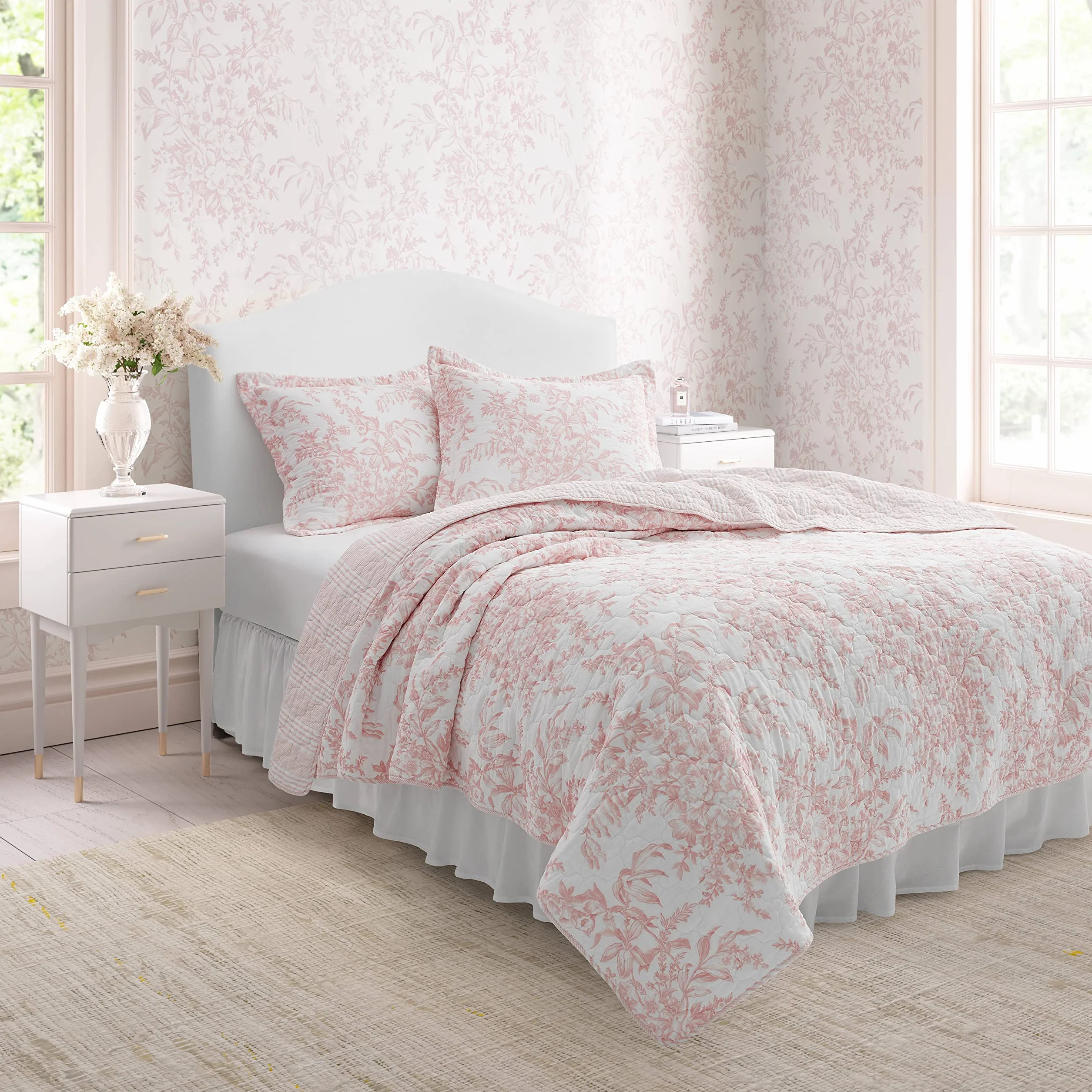 Laura Ashley Dwustronna pościel bawełniana z pasującymi poszewkami, lekka dekoracja domu na wszystkie pory roku, Bedford Pink, King