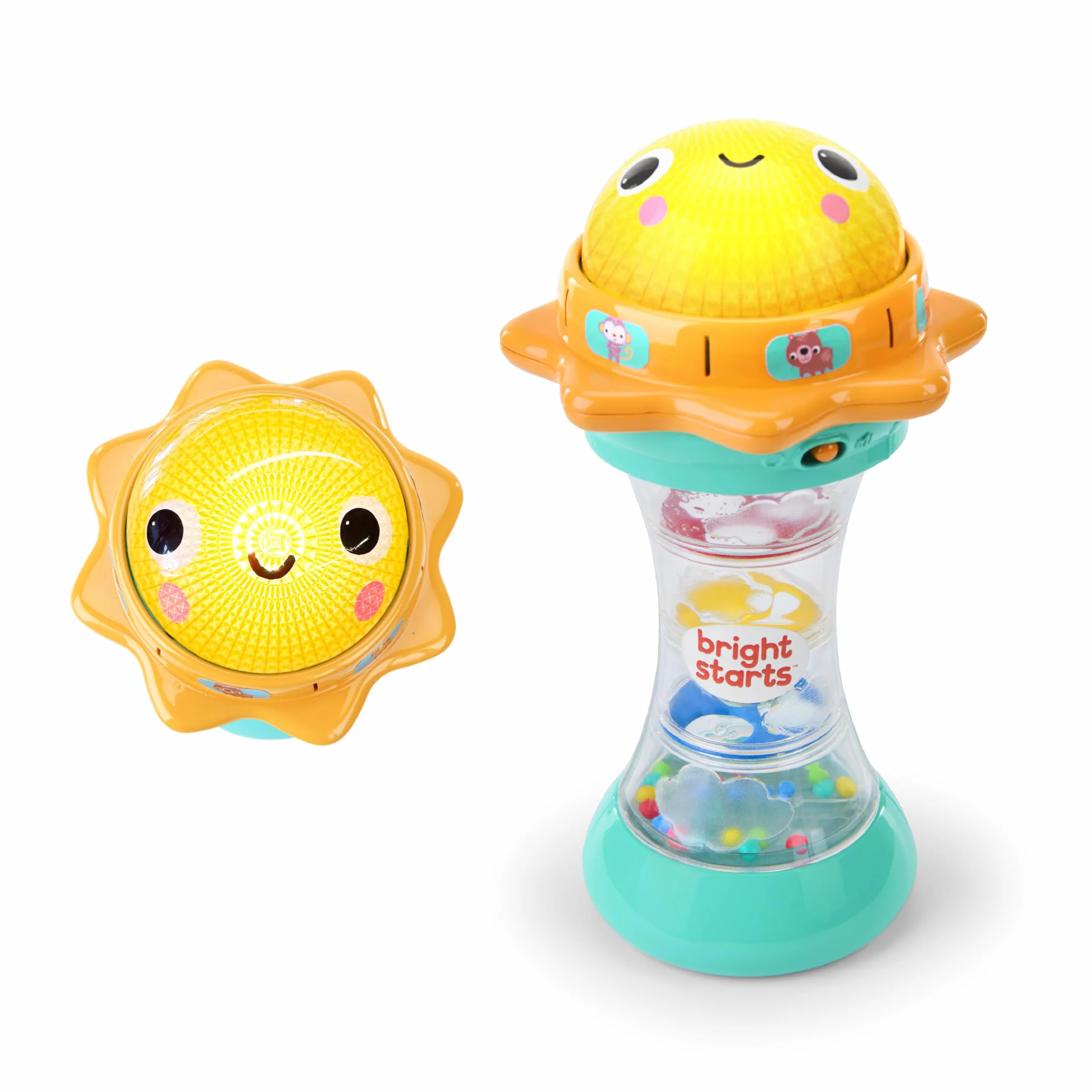 Bright Starts Just for Sun zabawkowa latarka z dźwiękami zwierząt, deszczownicą, koralikami i lustrem, zabawka uniseks dla dzieci od 6 miesięcy