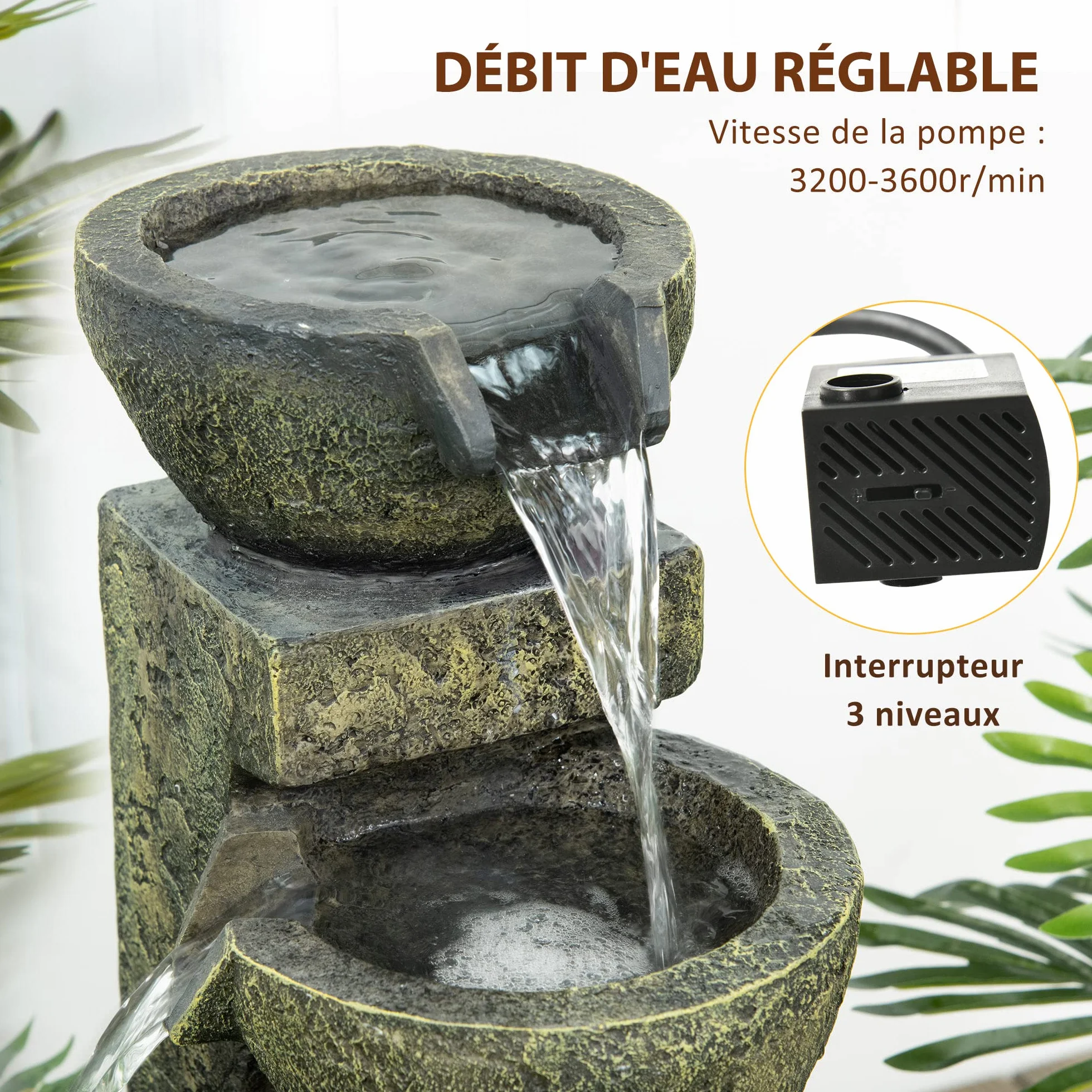 Outsunny Zen ozdobna fontanna ogrodowa 4 miski regulowany przepływ Zatapialna pompa wodna w zestawie 25 l x 24 l x 60H cm żywica czarna