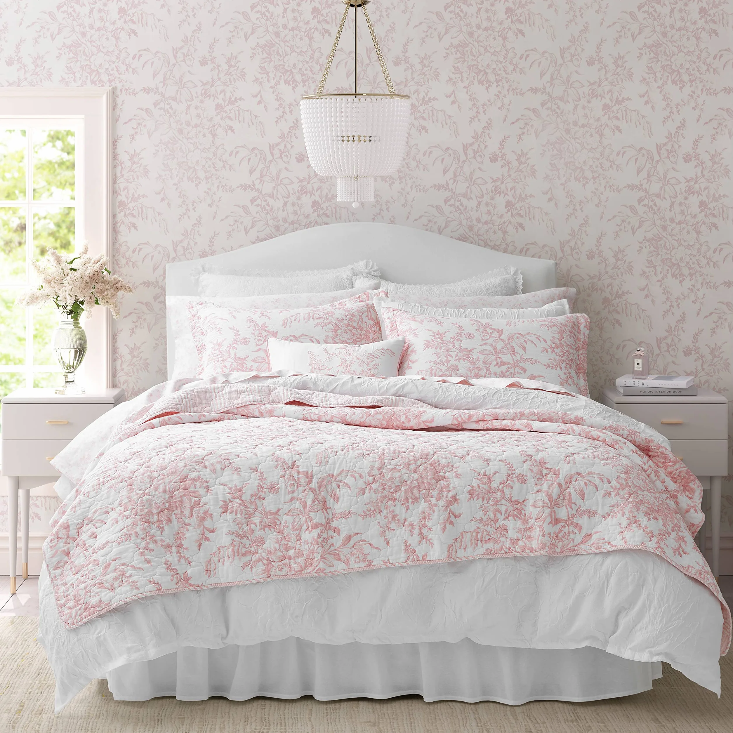 Laura Ashley Dwustronna pościel bawełniana z pasującymi poszewkami, lekka dekoracja domu na wszystkie pory roku, Bedford Pink, King