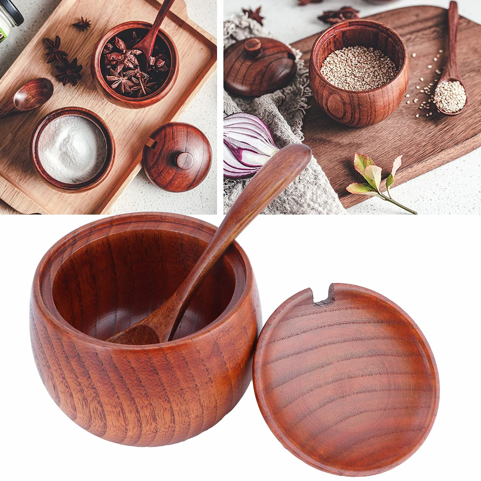 Drewniana Solniczka Z Pokrywką, Solniczka W Stylu Vintage Z Pokrywką I łyżeczką, Pojemnik Na Przyprawy Do Kuchni, 150 ml, Brązowy