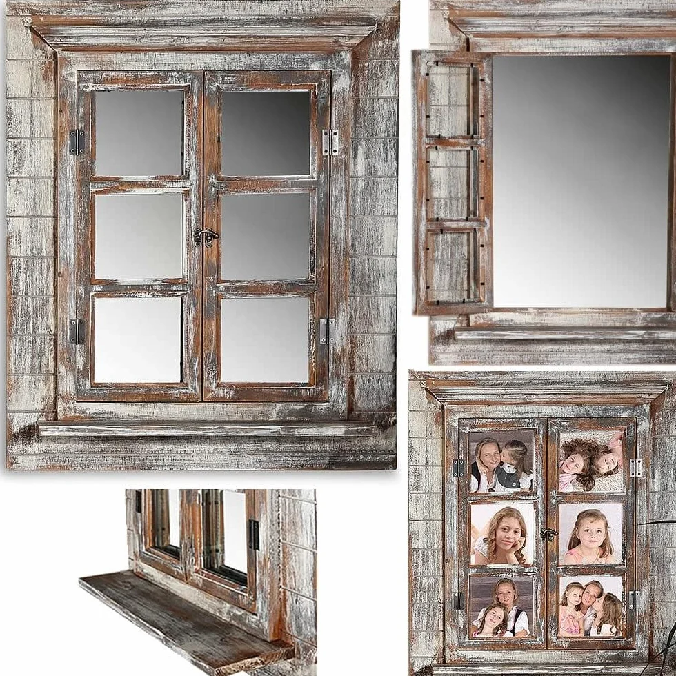 Melko lustro ścienne z okiennicami, 64 x 54 cm, Shabby Chic, okno z lustrem i półką, może być używane jako ramka na zdjęcia 13 x 13 cm