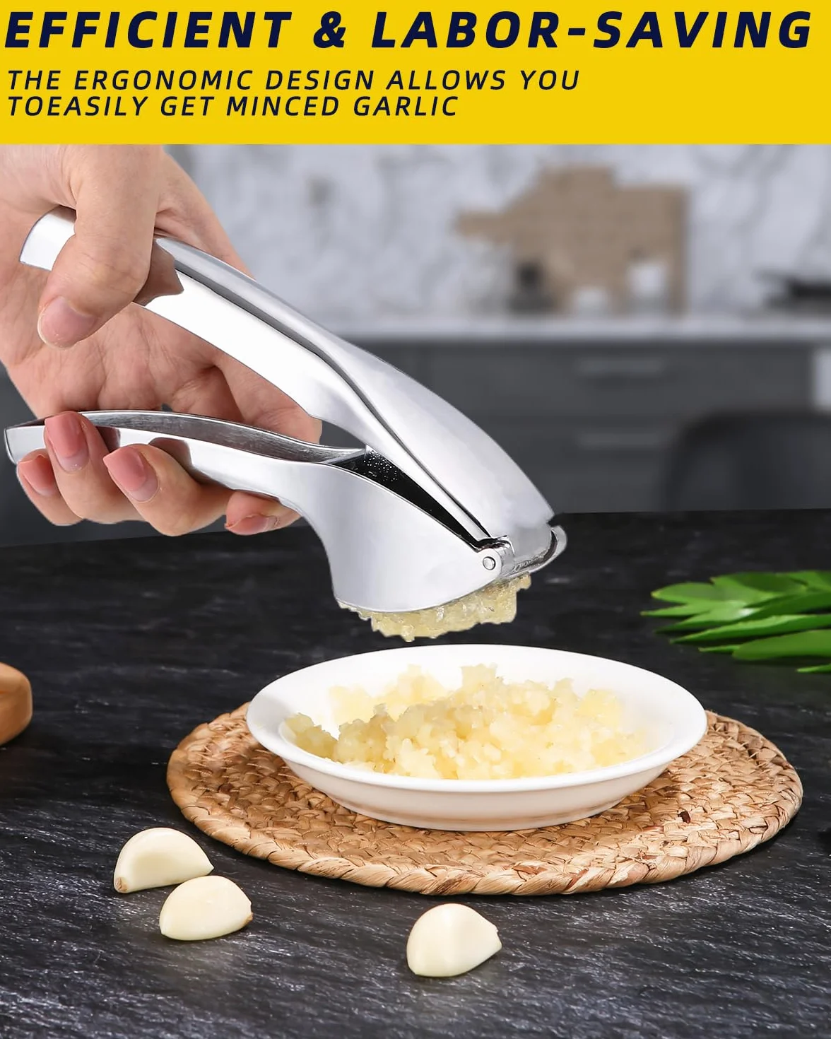 Prasa do czosnku, krajalnica do czosnku z obieraczką do czosnku i szczotką do czyszczenia, poręczna i łatwa do czyszczenia, rozdrabniacz do czosnku Kitchen Aid, stylowy stop cynku (srebrny)