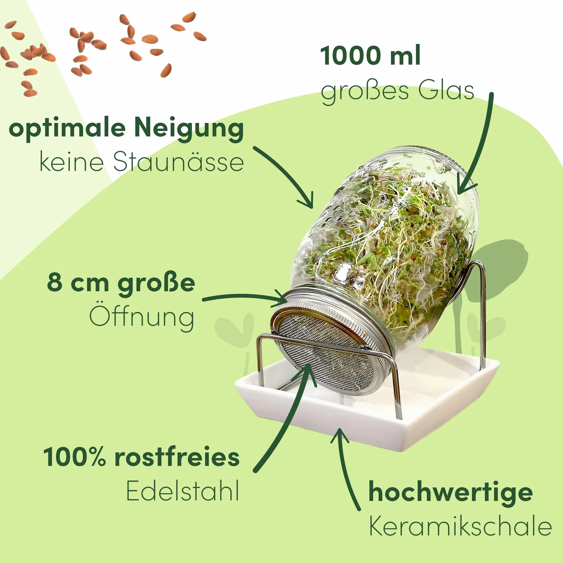 Green SEEDS Oryginalny zestaw startowy ze słoikiem ze szczebelkami + sitkiem do kiełkowania | 1000 ml z wysokiej jakości pokrywą z siatki ze stali nierdzewnej, stojakiem, miską ceramiczną + ABC